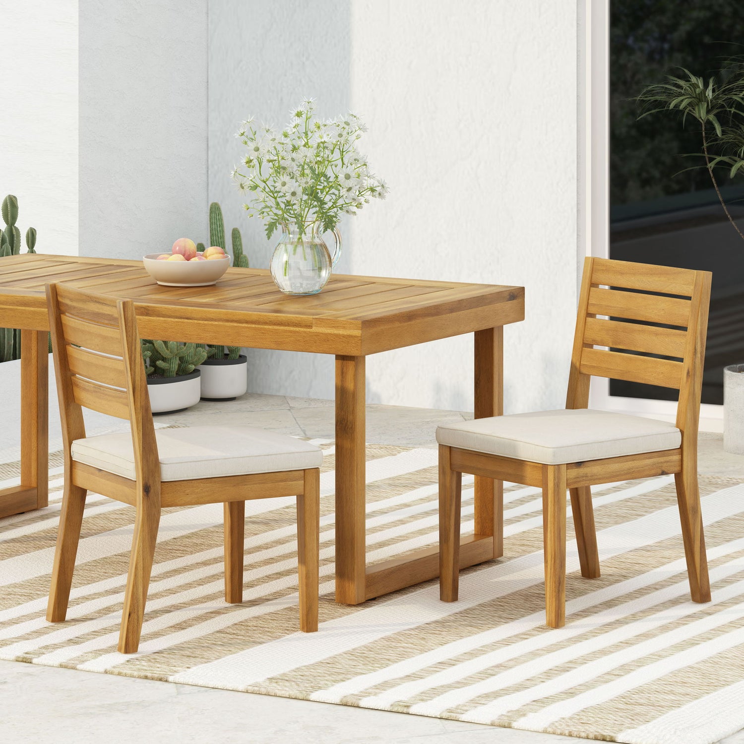 Outdoor Armless Dining Chair With Cushions (Set of 2) - Natural / Beige
