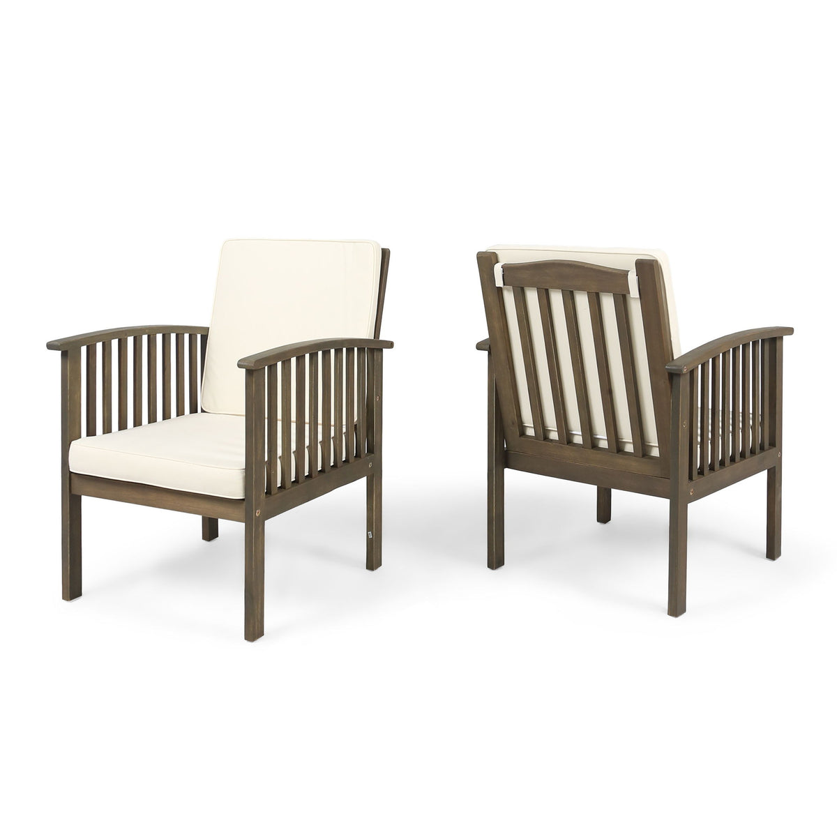 Casa Acacia Wood Club Chairs (Set of 2) With Water Resistant Cushions - Gray / Cream