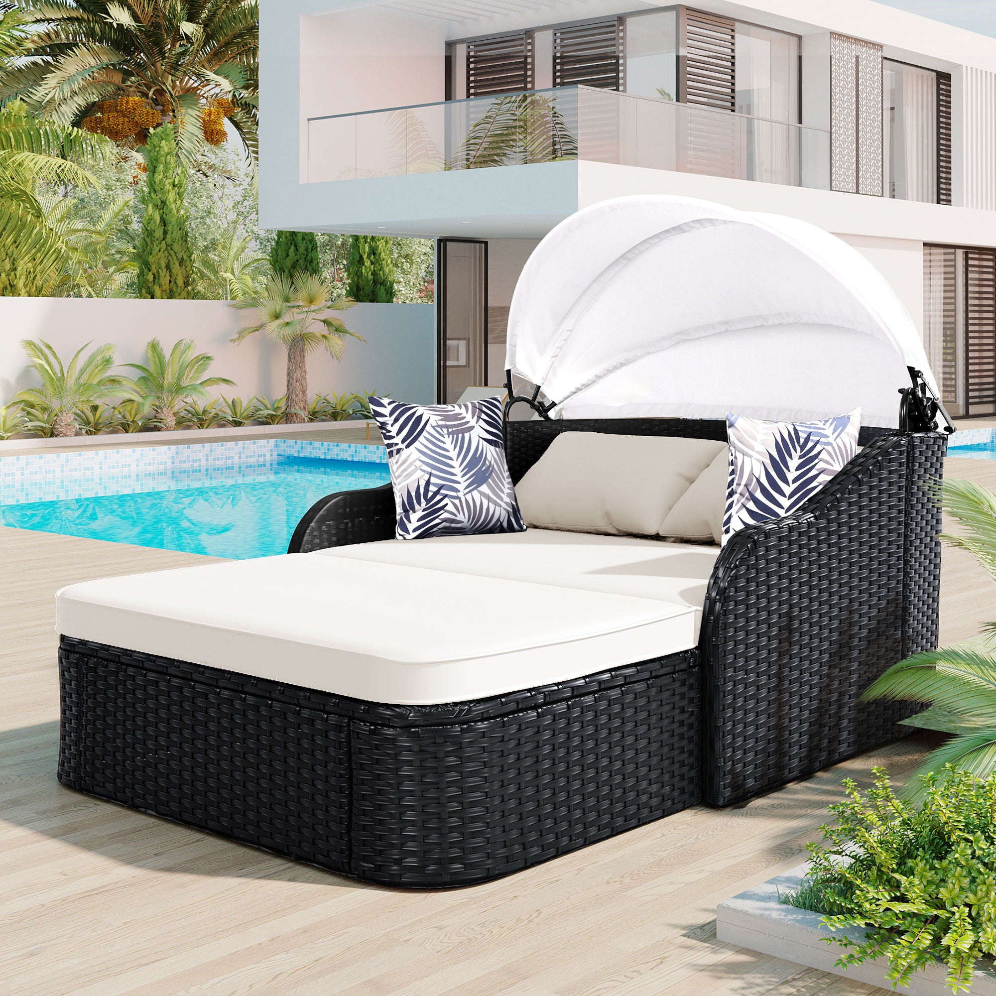 Outdoor Sunbed With Adjustable Canopy, Double Lounge, Daybed - Black / Beige