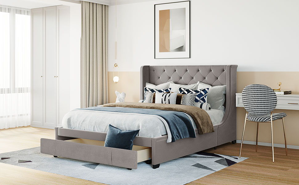 Storage Bed Velvet Upholstered Platform Bed With Wingback Headboard And A Big Drawer
