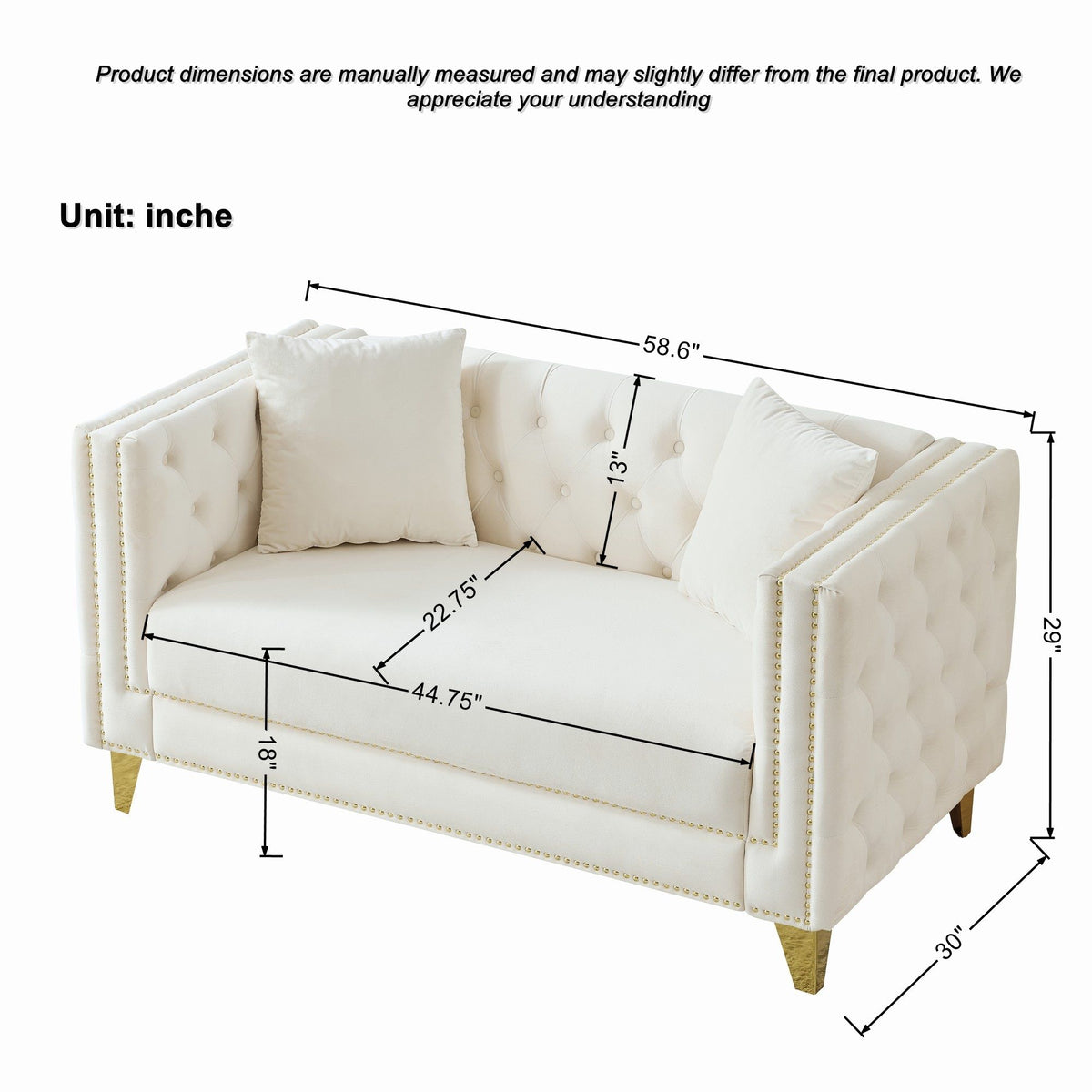 2 Seater Deep Seat Sofa With Button Nailhead, Square Arm