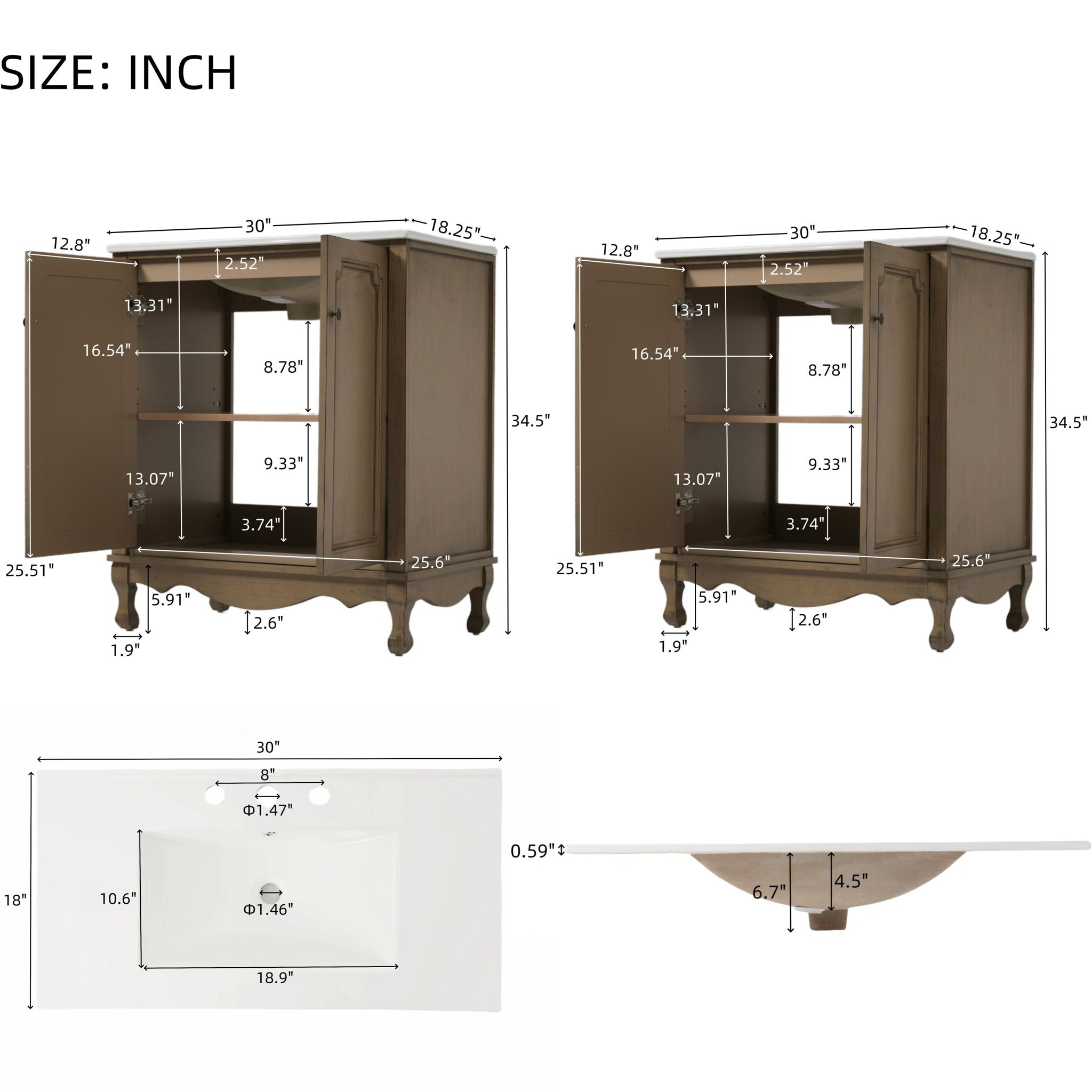 Vintage Double Sink Bathroom Vanity Set With Ceramic Sinks