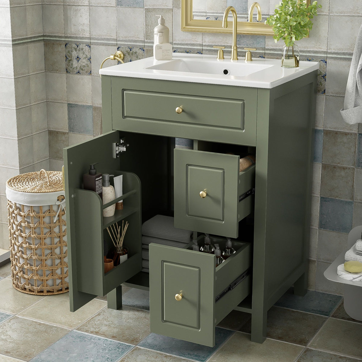 Elegant Bathroom Vanity With Ceramic Sink, Soft Close Doors And Drawers, Double Storage Racks