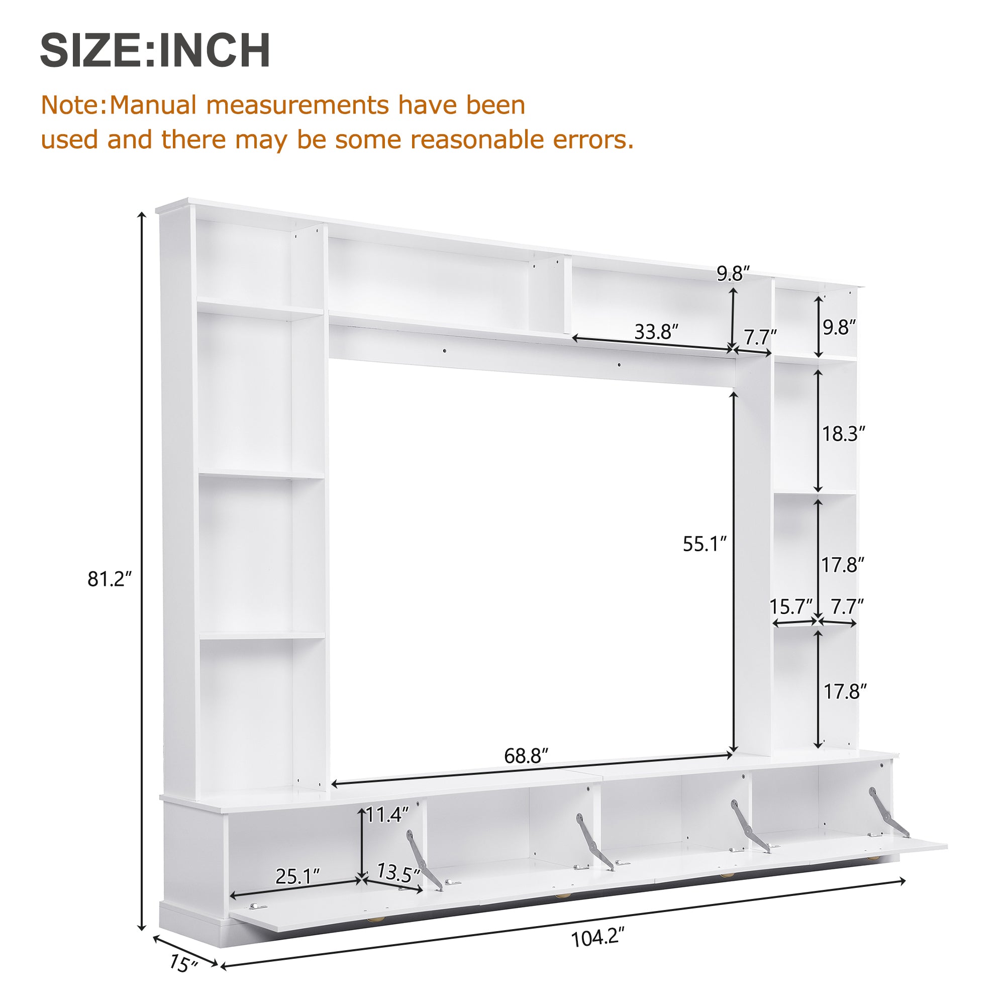 Large Wall Unit Entertainment Center with Bookshelves for TVs Up to 78" Modern TV Console with Cabinets and Open Shelves, 4-in-1 TV Stand with Golden Handles, White, 104.2&