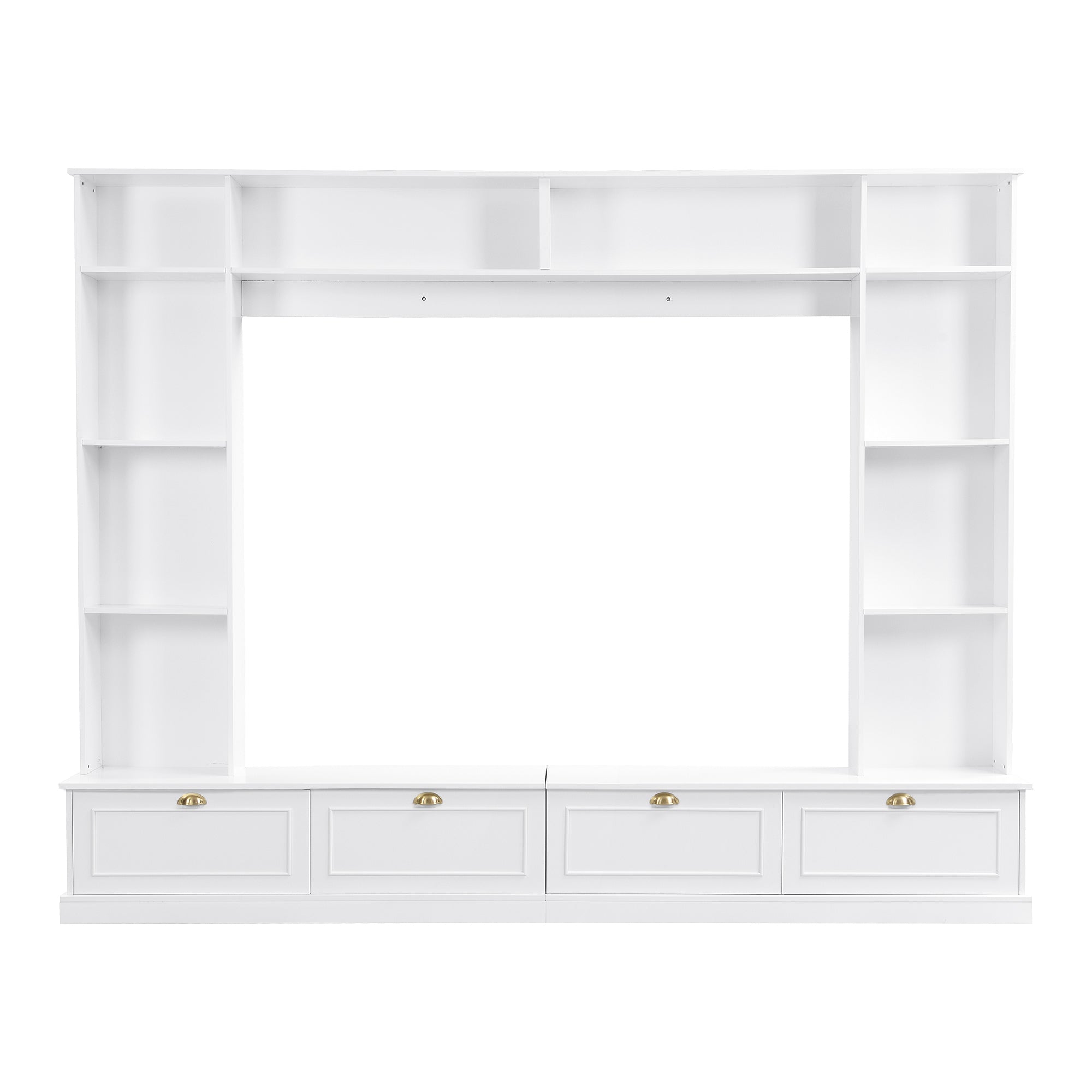 Large Wall Unit Entertainment Center with Bookshelves for TVs Up to 78" Modern TV Console with Cabinets and Open Shelves, 4-in-1 TV Stand with Golden Handles, White, 104.2&