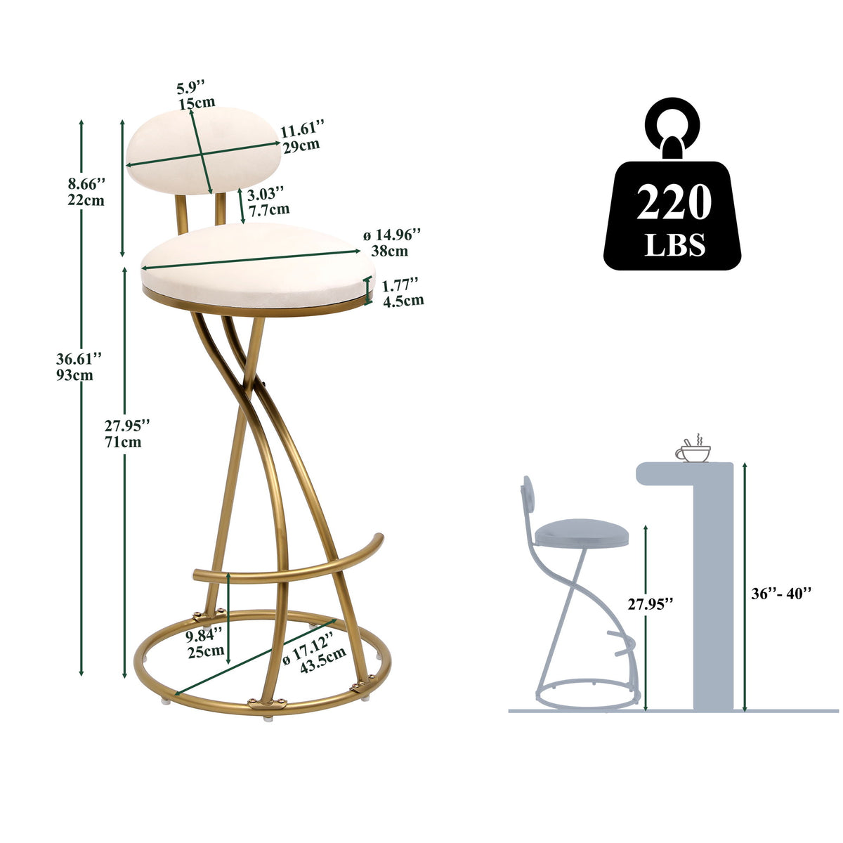 Bar Stools Upholstered Counter Height Barstools For Kitchen Island Modern Dining Chairs With Footrest (Set of 2)