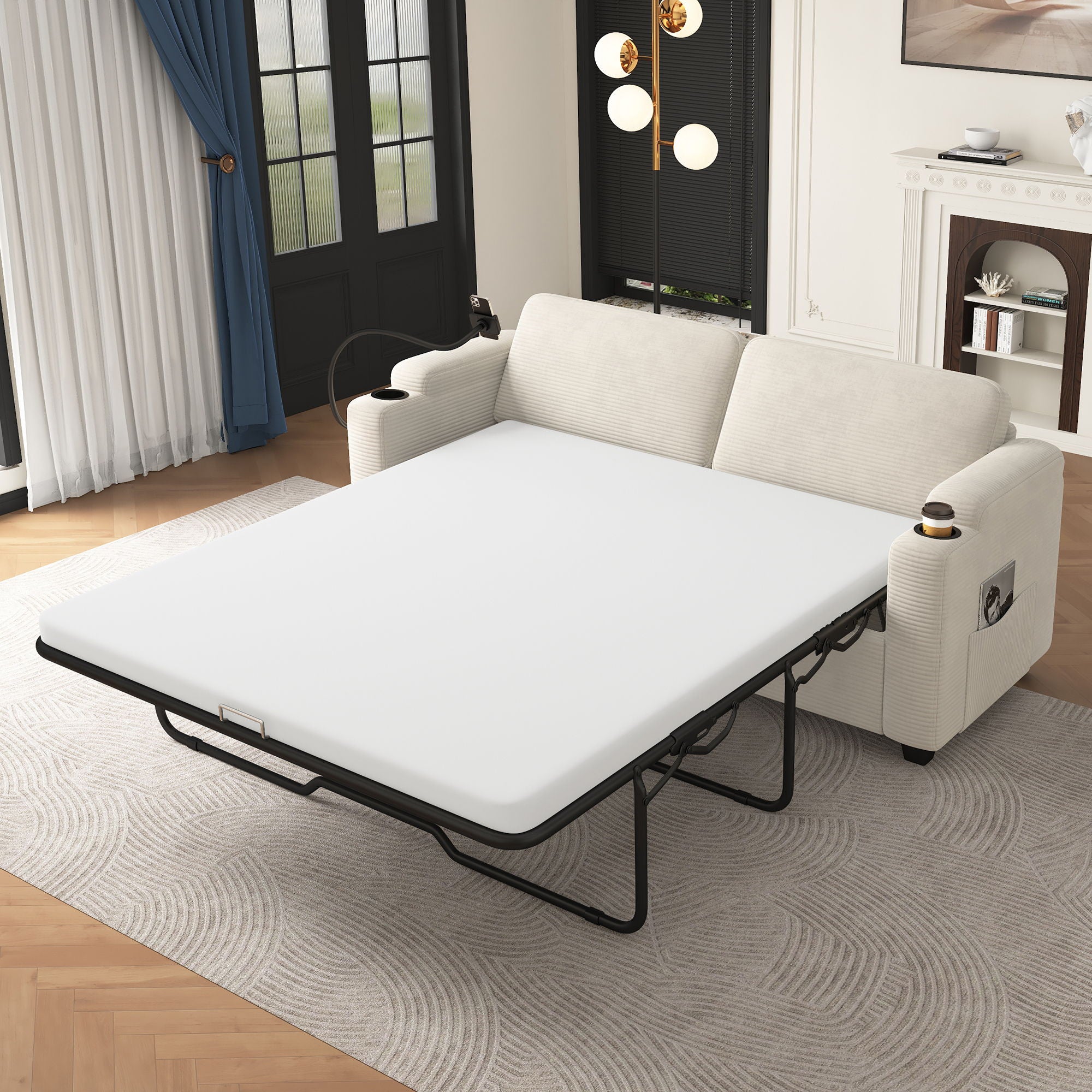 Sleeper Sofa Loveseat Sofa With Full Size Mattress, 2 USB Ports, 2 Cup Holders, 2 Side Pockets And Phone Holder