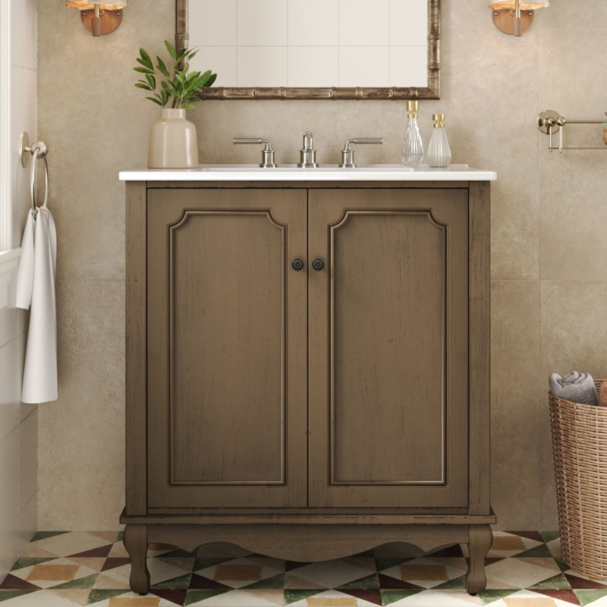 Vintage Bathroom Vanity With Ceramic Sink, Adjustable Shelves