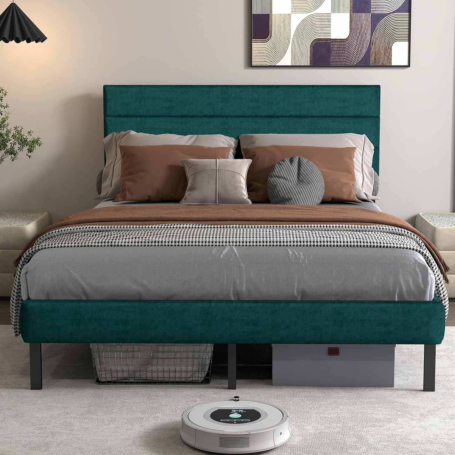 Upholstered Platform Bed Frame With Headboard, No Box Spring Needed, Underbed Storage
