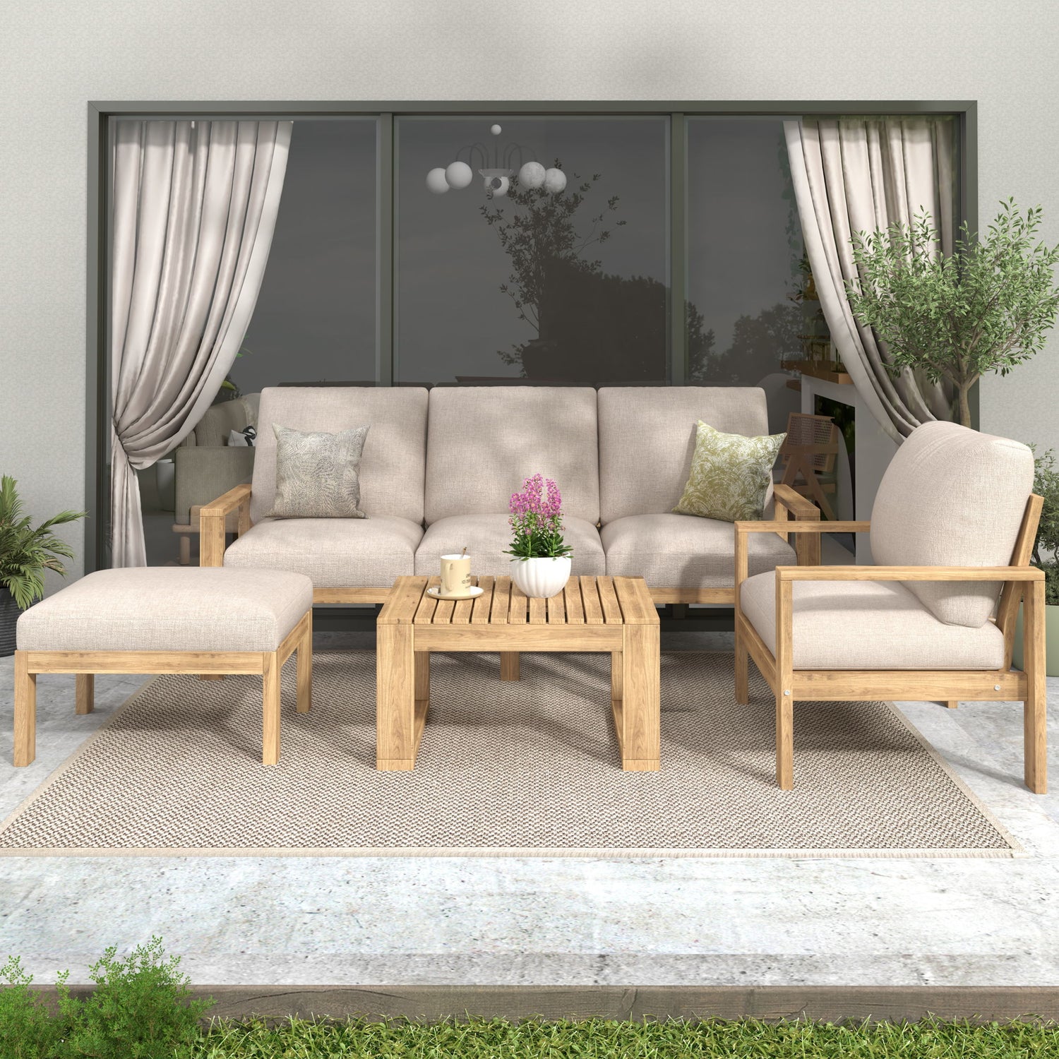 Outdoor 4 Pieces Acacia Sectional Patio Sofa Set - Light Gray / Teak