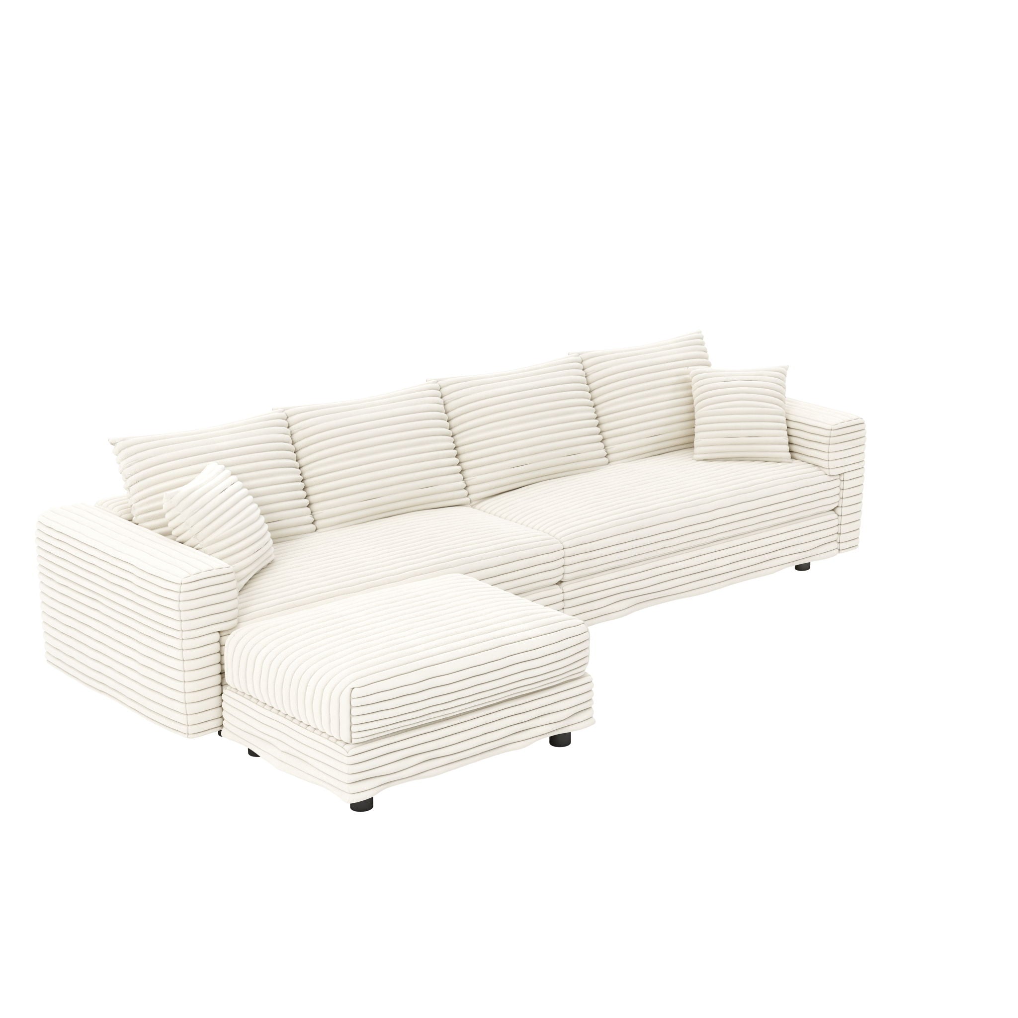 Plush Corduroy 4 Seat Sofa With Soft Pillows And Movable Ottoman