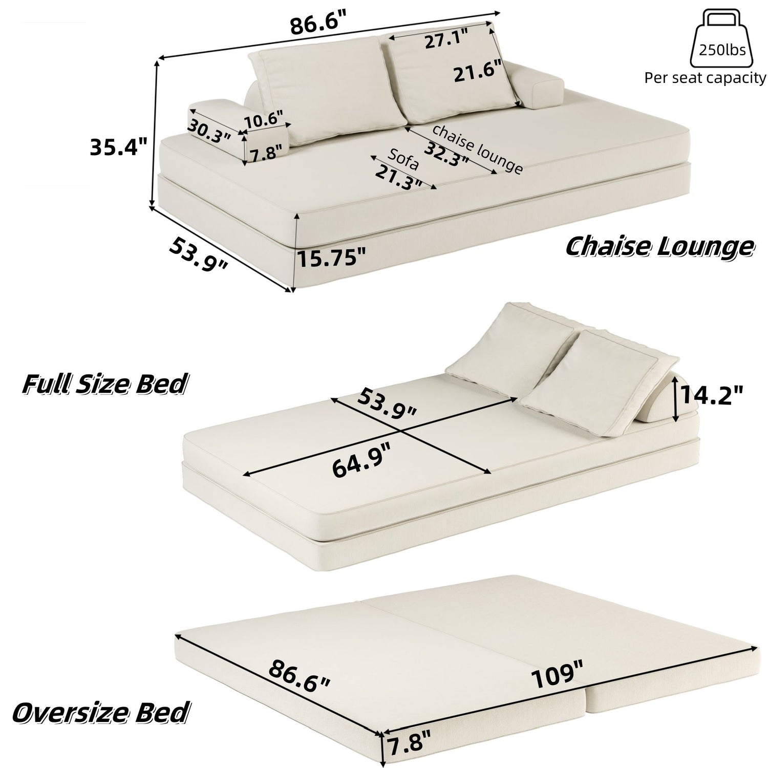 Multifunctional Convertible Sofa Bed With 2 Tumbler Backrests And 2 Pillows, Deep Seat Couch