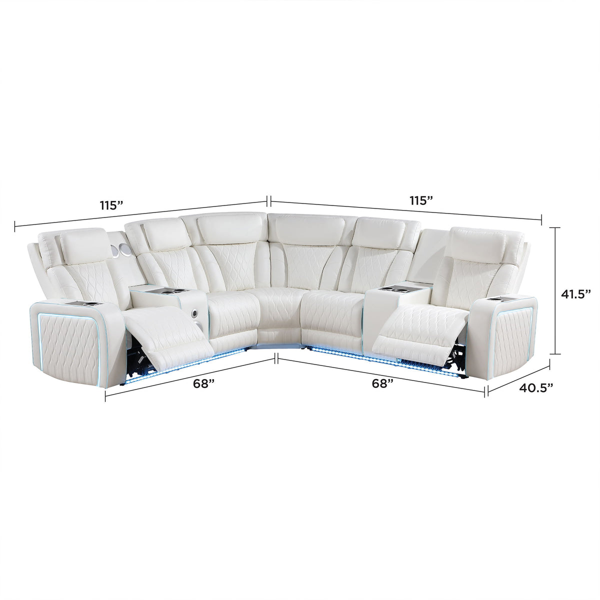 Electra - Power Recliner Sectional Sofa With Power Headrests, Console Loveseats, Wedge, LED Light Strip, Speakers