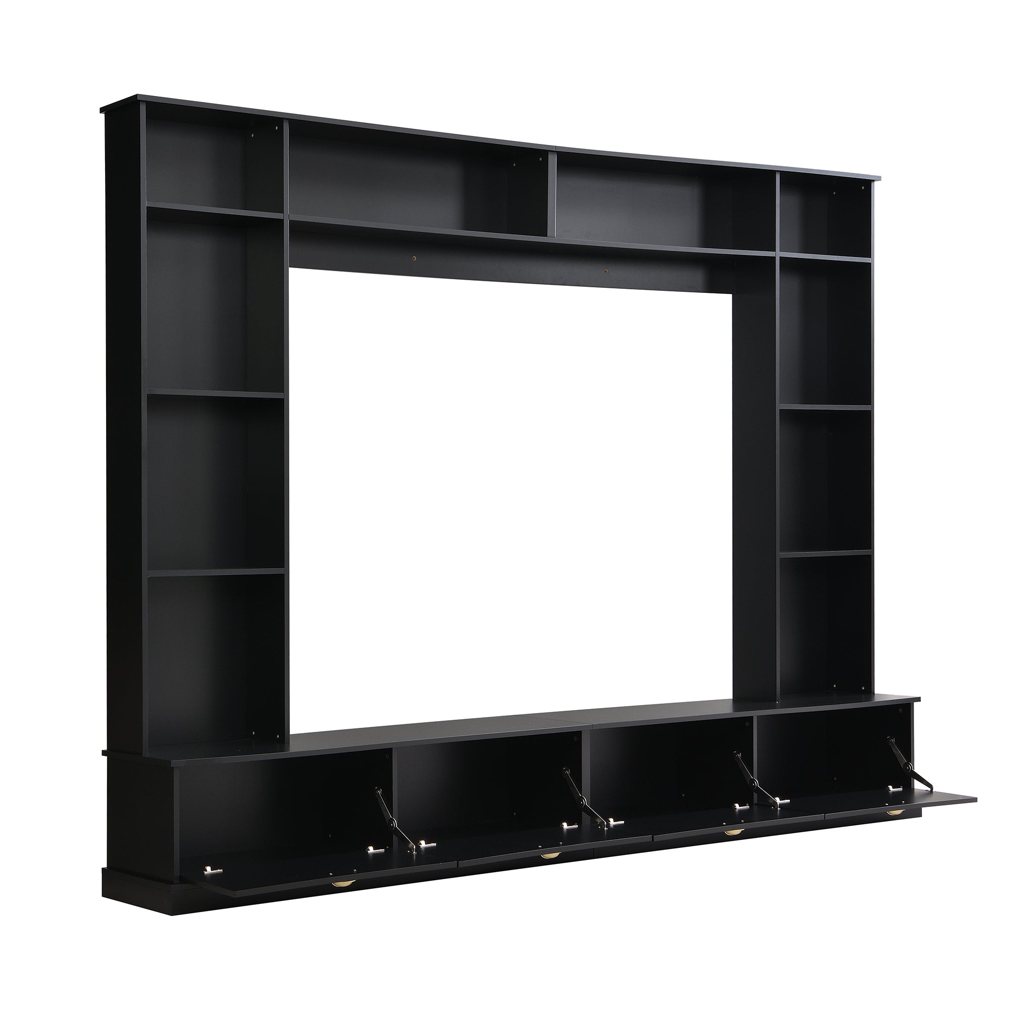 Large Wall Unit Entertainment Center with Bookshelves for TVs Up to 78" Modern TV Console with Cabinets and Open Shelves, 4-in-1 TV Stand with Golden Handles, Black, 104.2&