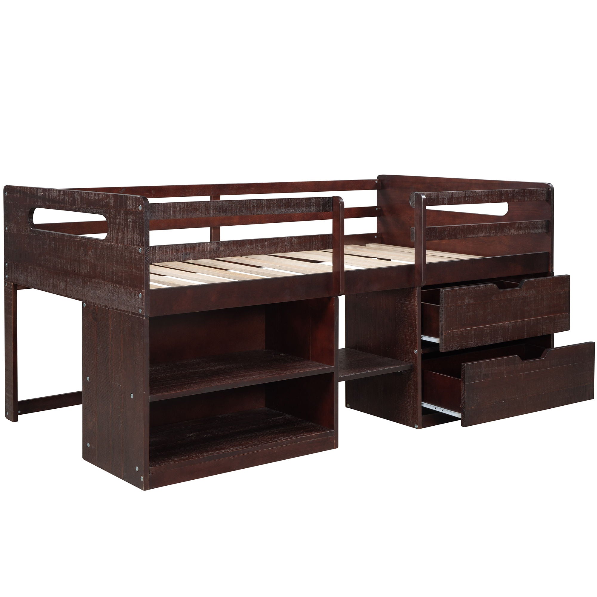 Twin Size Loft Bed With Two Shelves And Two Drawers - Antique Espresso