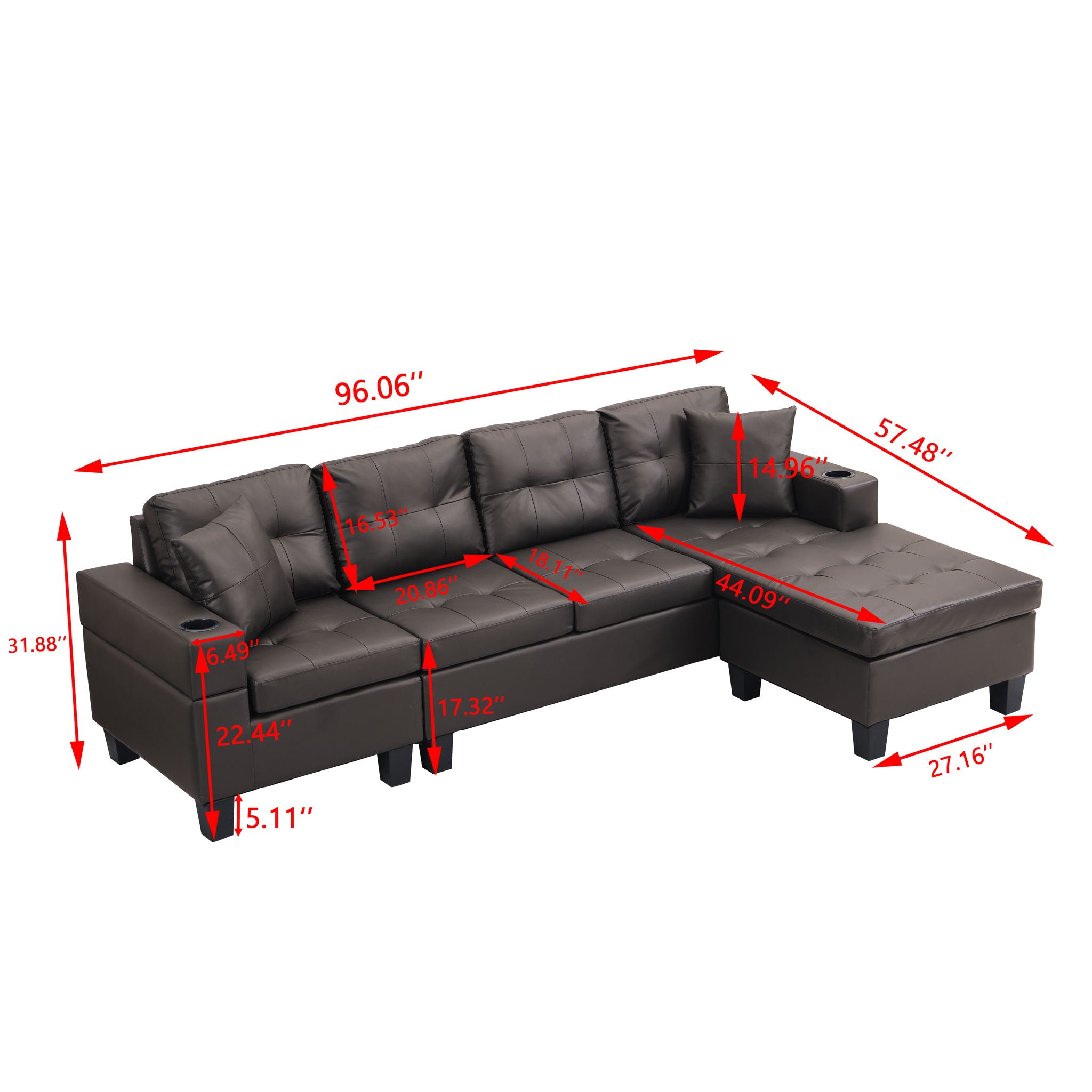 Modern Sectional Sofa Set With Chaise Lounge And Cup Holder