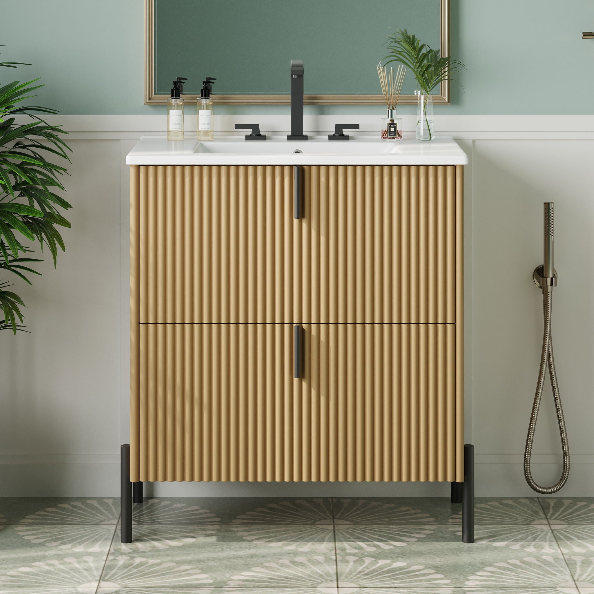 Fluted Bathroom Vanity With Ceramic Sink, Freestanding Design