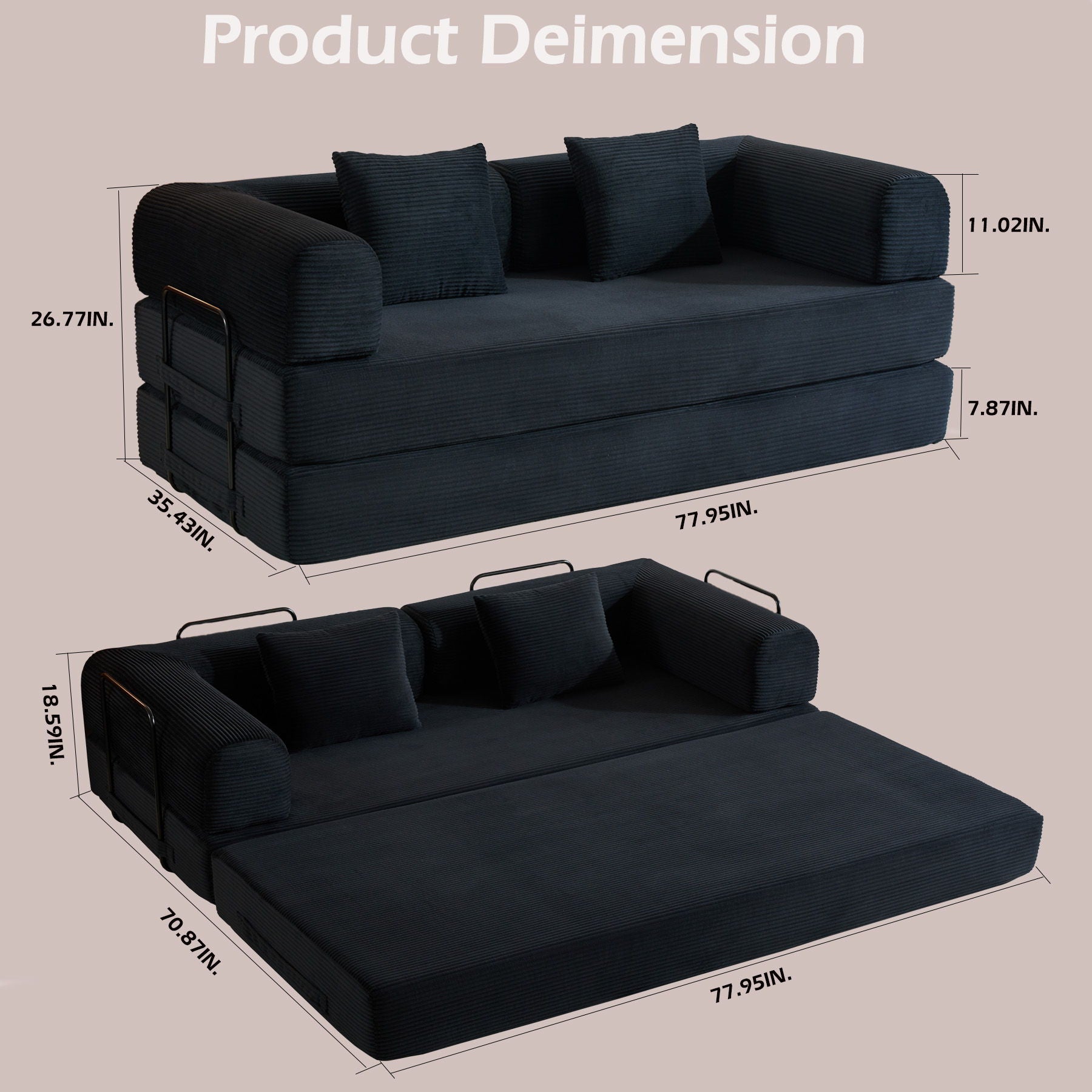 Convertible Sleeper Sofa Bed With Cylindrical Pillow, With Fixed Shape Frame