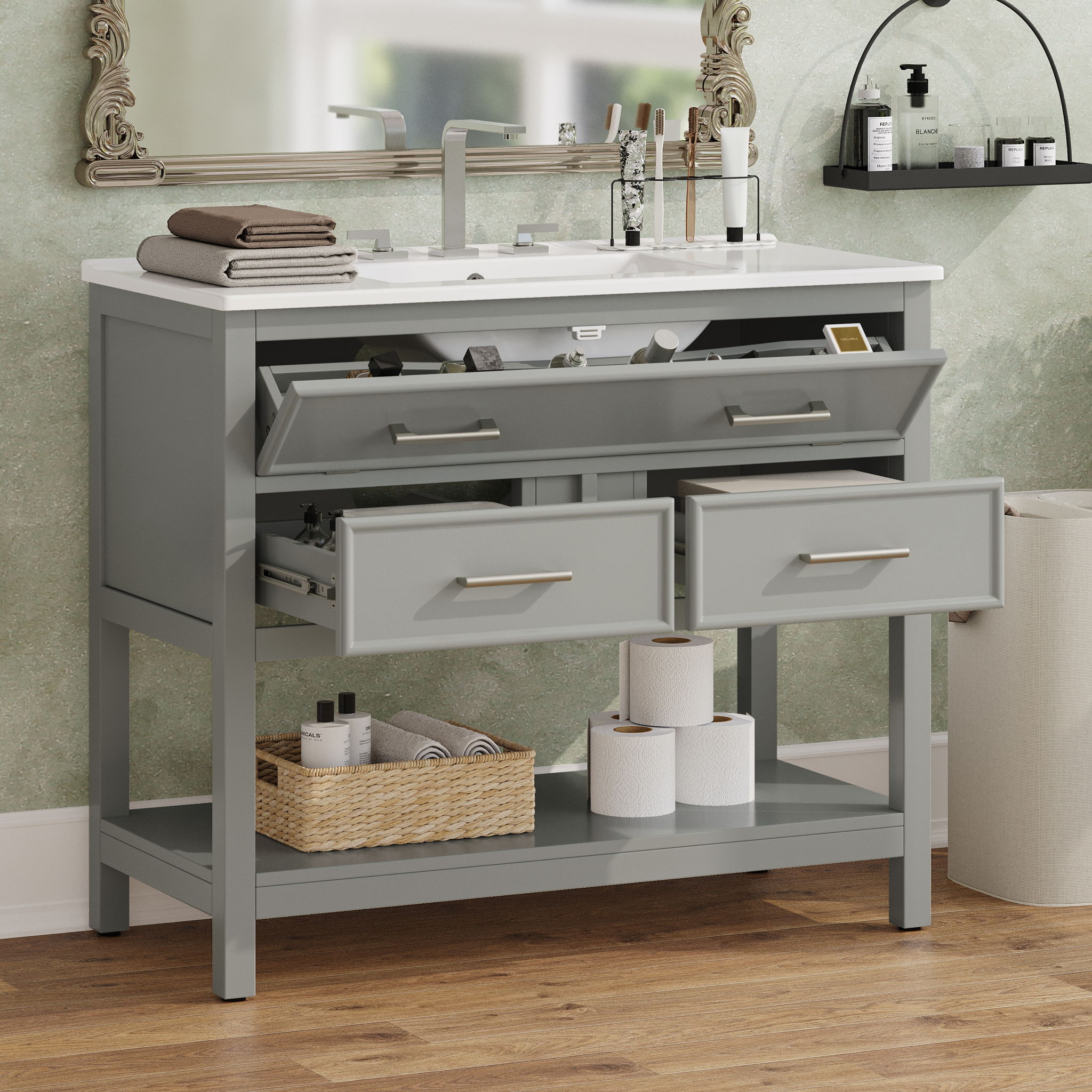 Bathroom Vanity With Ceramic Sink, Tip Out Tray & 2 Full Extension Drawers