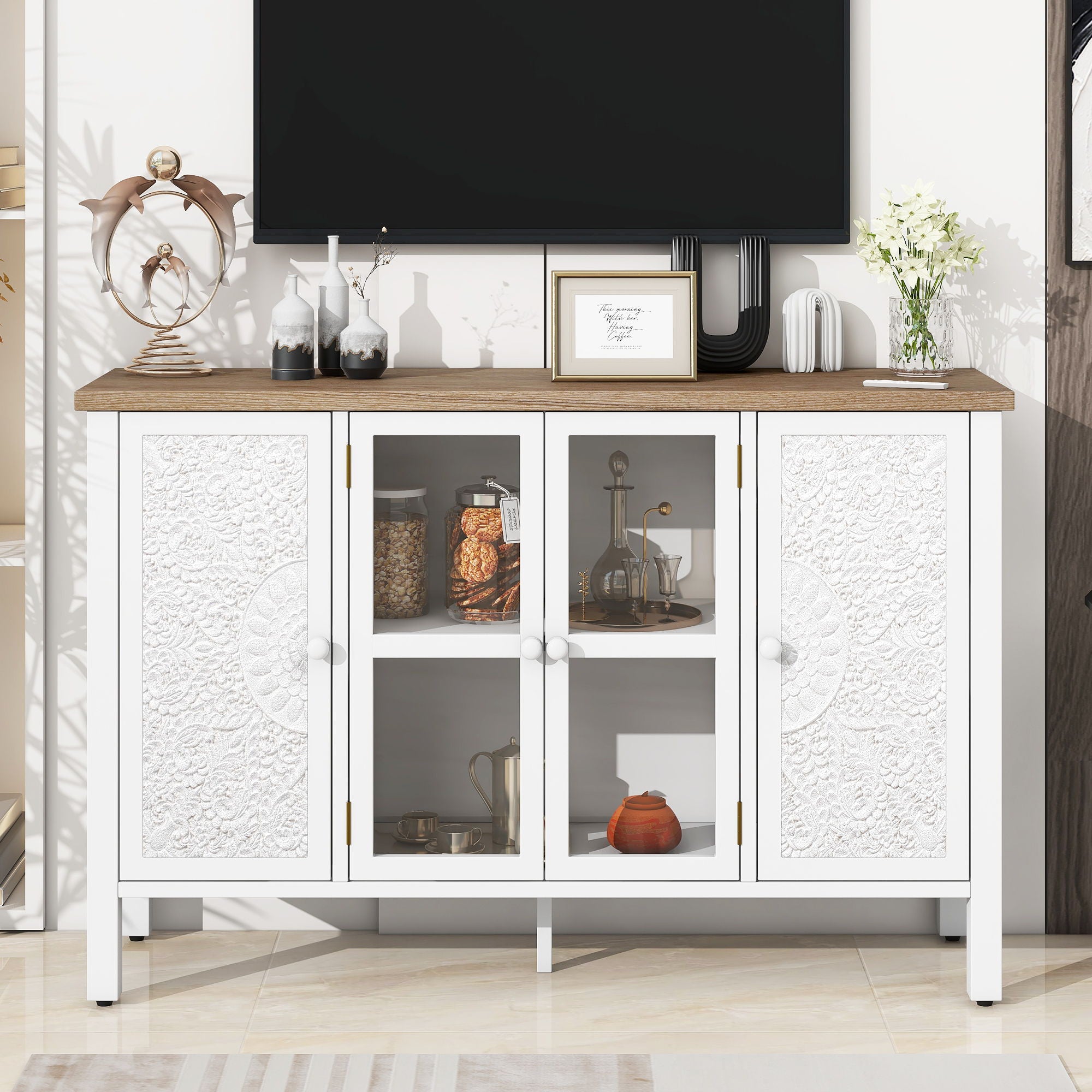 Retro TV Stand With 3 Spacious Cabinets, Glass Cabinet Doors And Anti-Tip Device