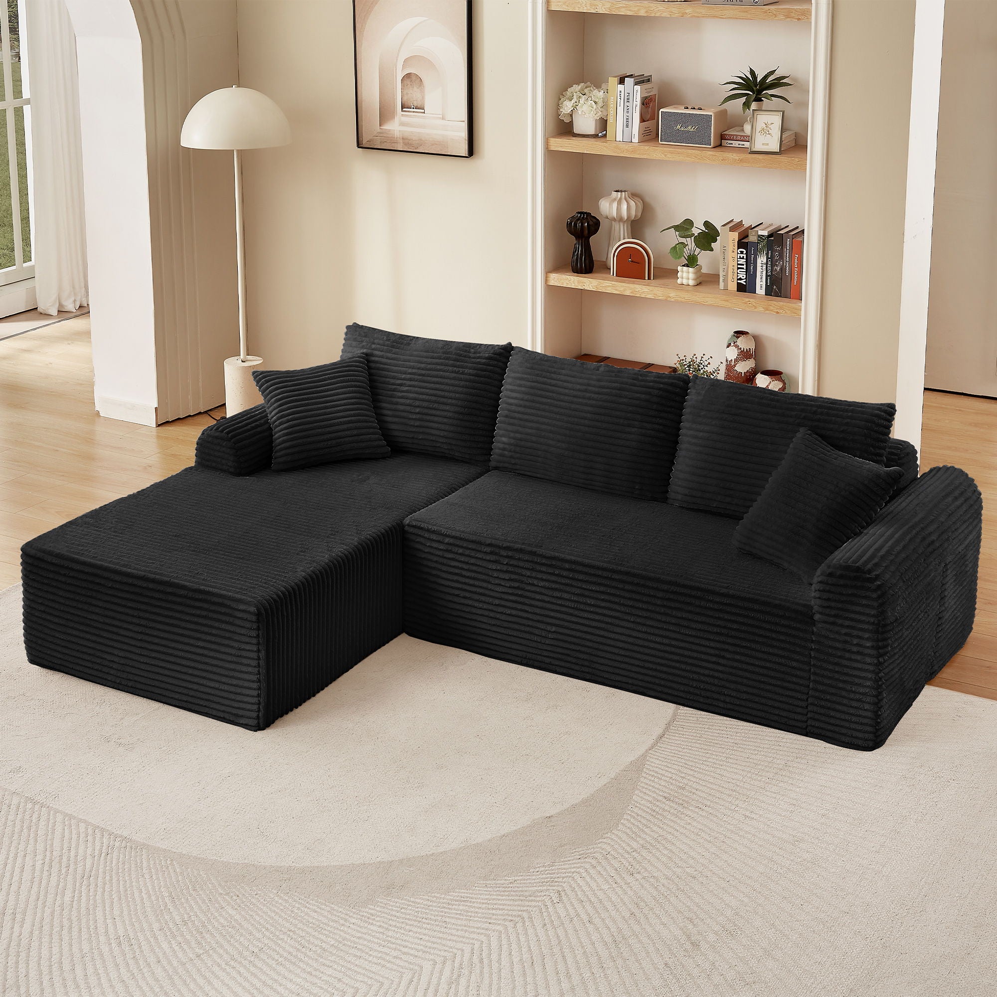 Modular Corduroy Sectional With Arched Armrests, Includes 3 Back Cushions & 2 Throw Pillows