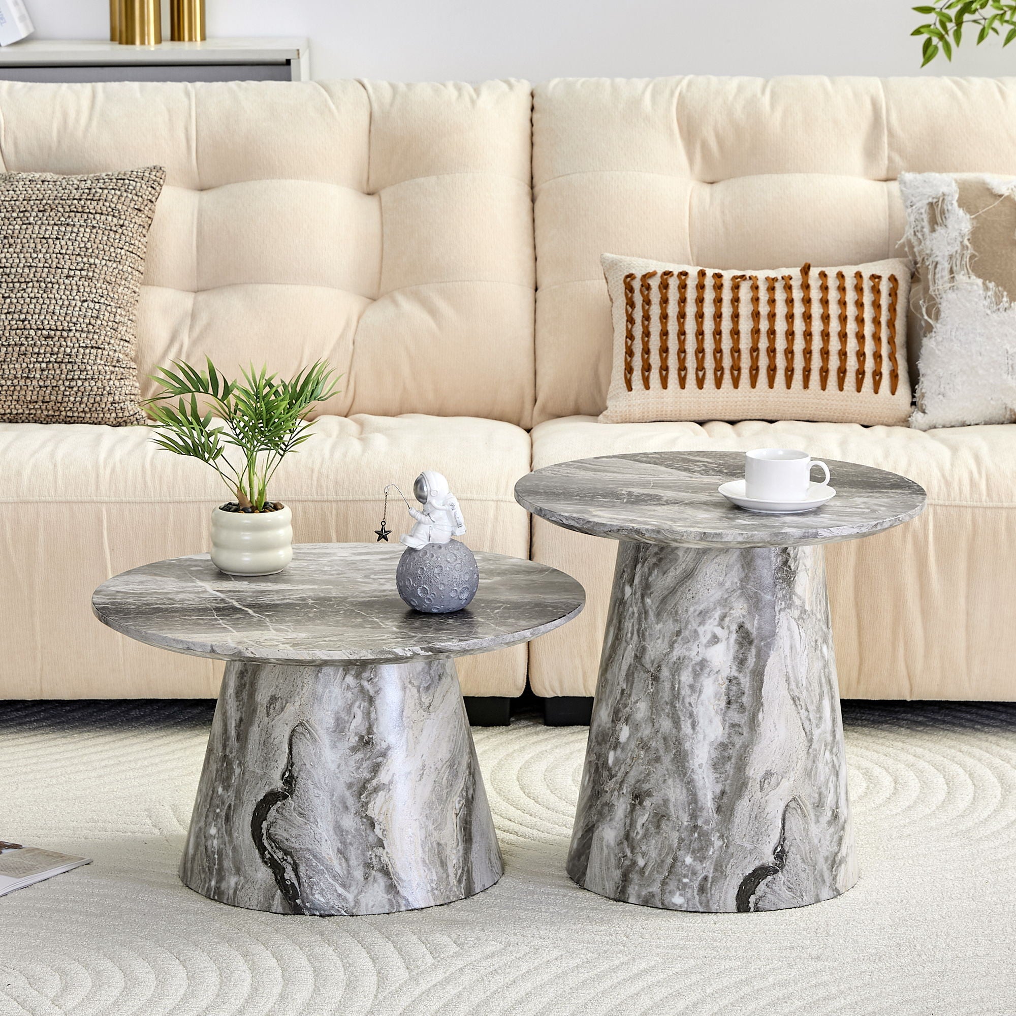 Nested Coffee Table Set, Round Design For Living Room - Gray