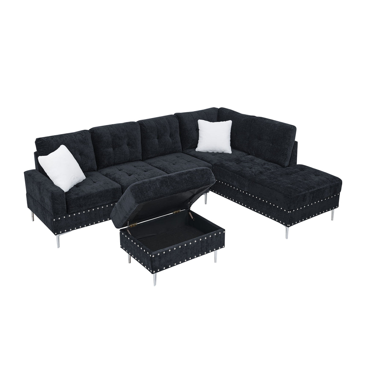 L-Shaped Sectional Sofa With Chaise And Storage Ottoman, Includes 2 Pillows