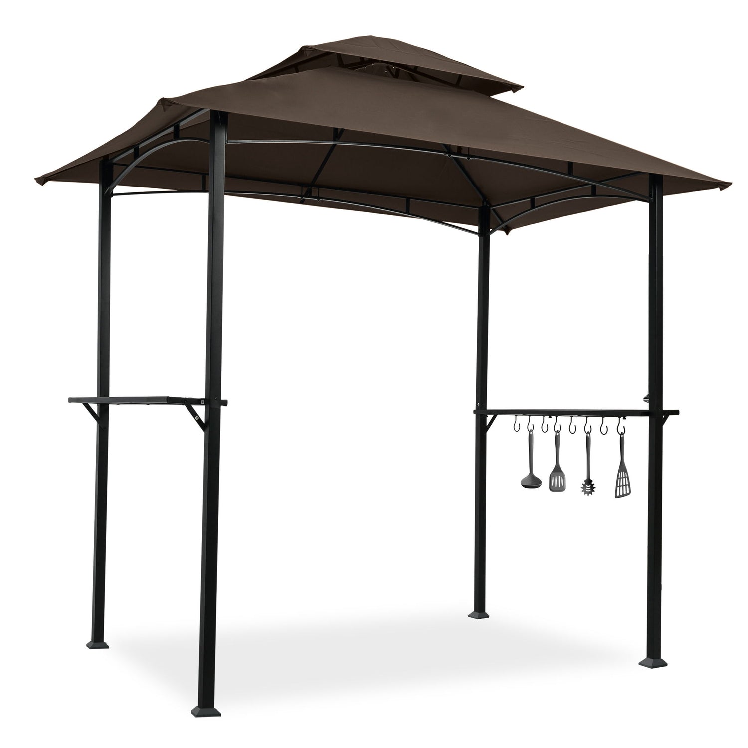 Outdoor Grill Gazebo With Double Tier Soft Top Canopy, Steel Frame, Bar Counters & Hook