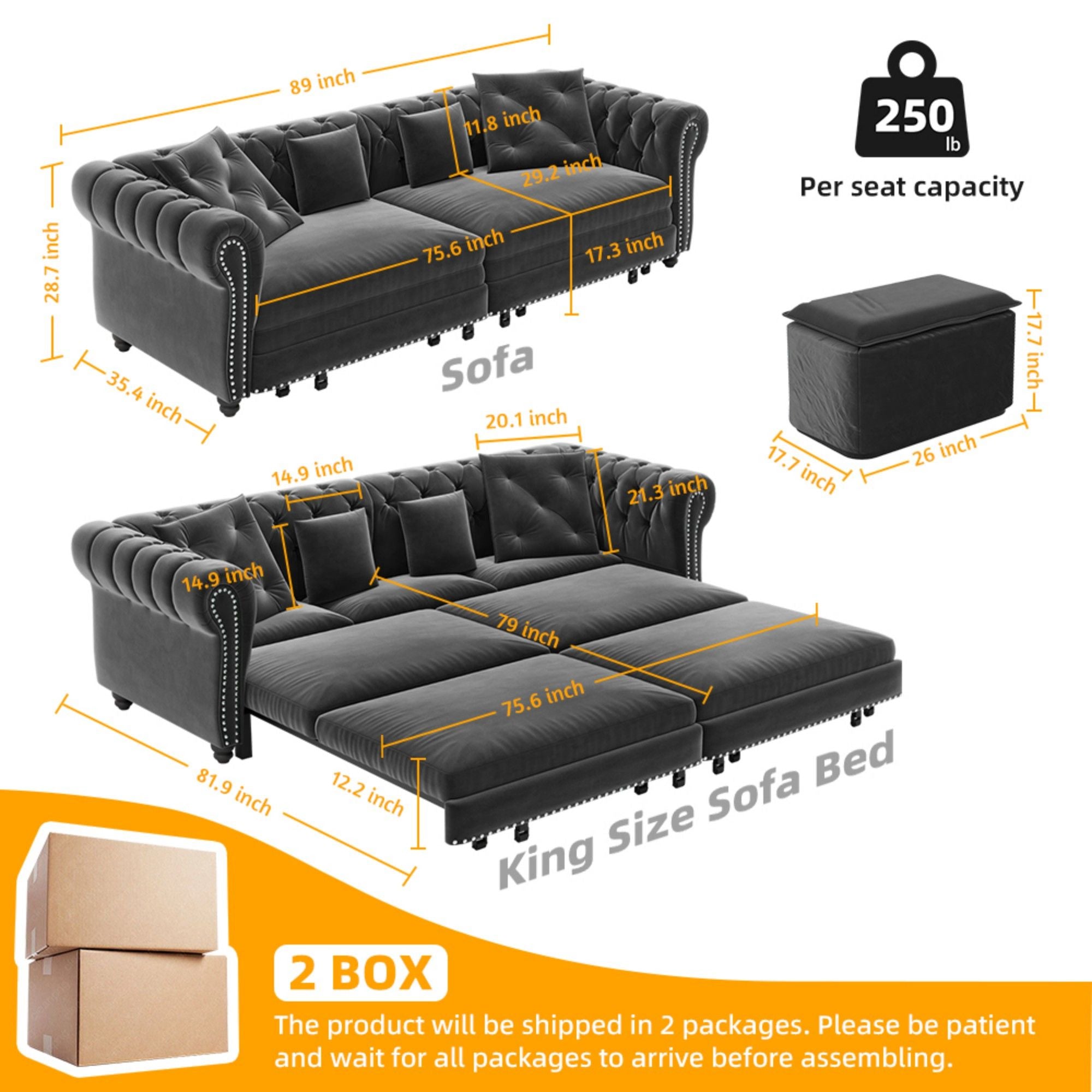 3 In 1 Convertible Sleeper Sofa Bed With Movable Ottoman