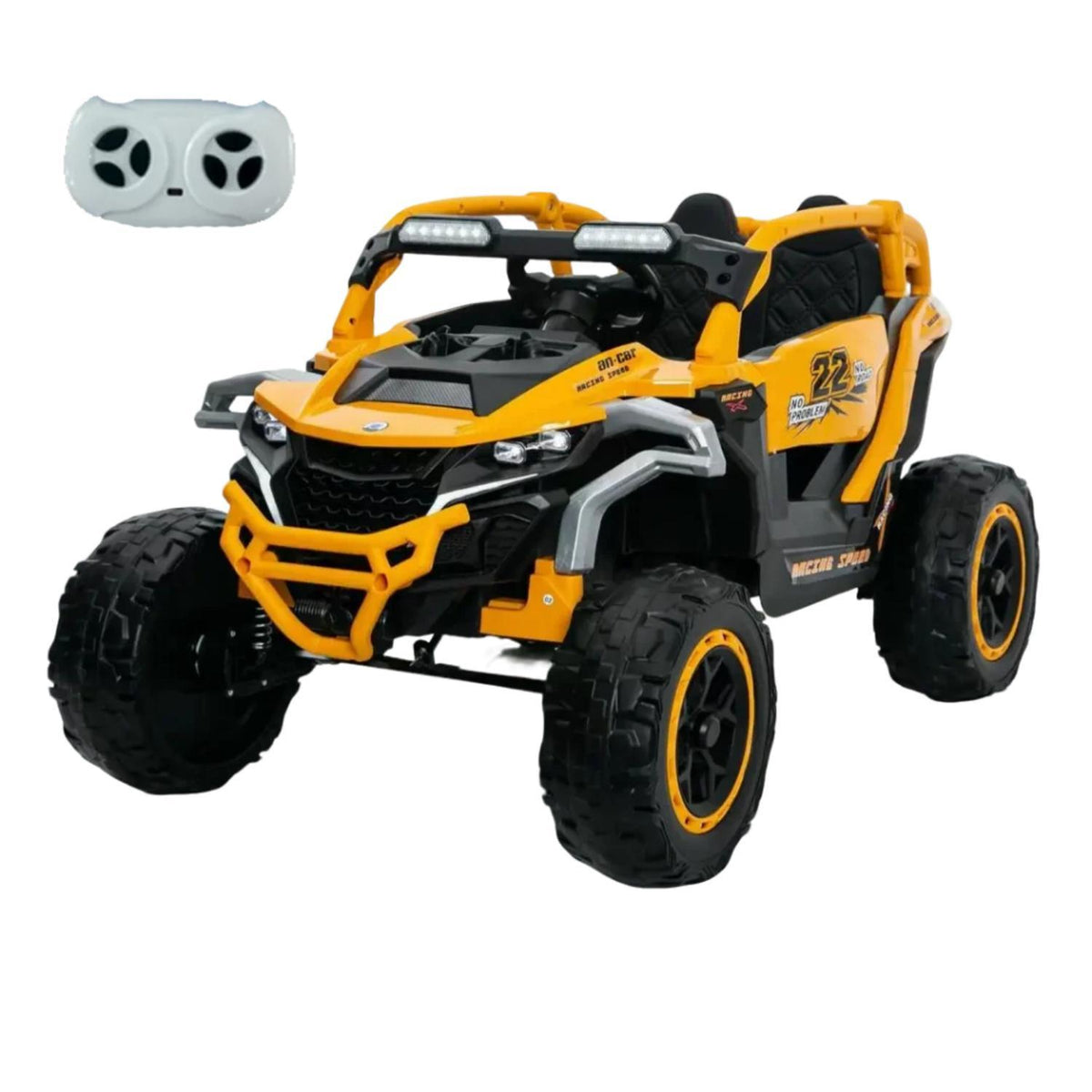 Ride On Models 12V Kids Electric Truck With Remote Control, Front & Rear Suspension, 2 Seater UTV, Flashlights & Music Player - Yellow / Black