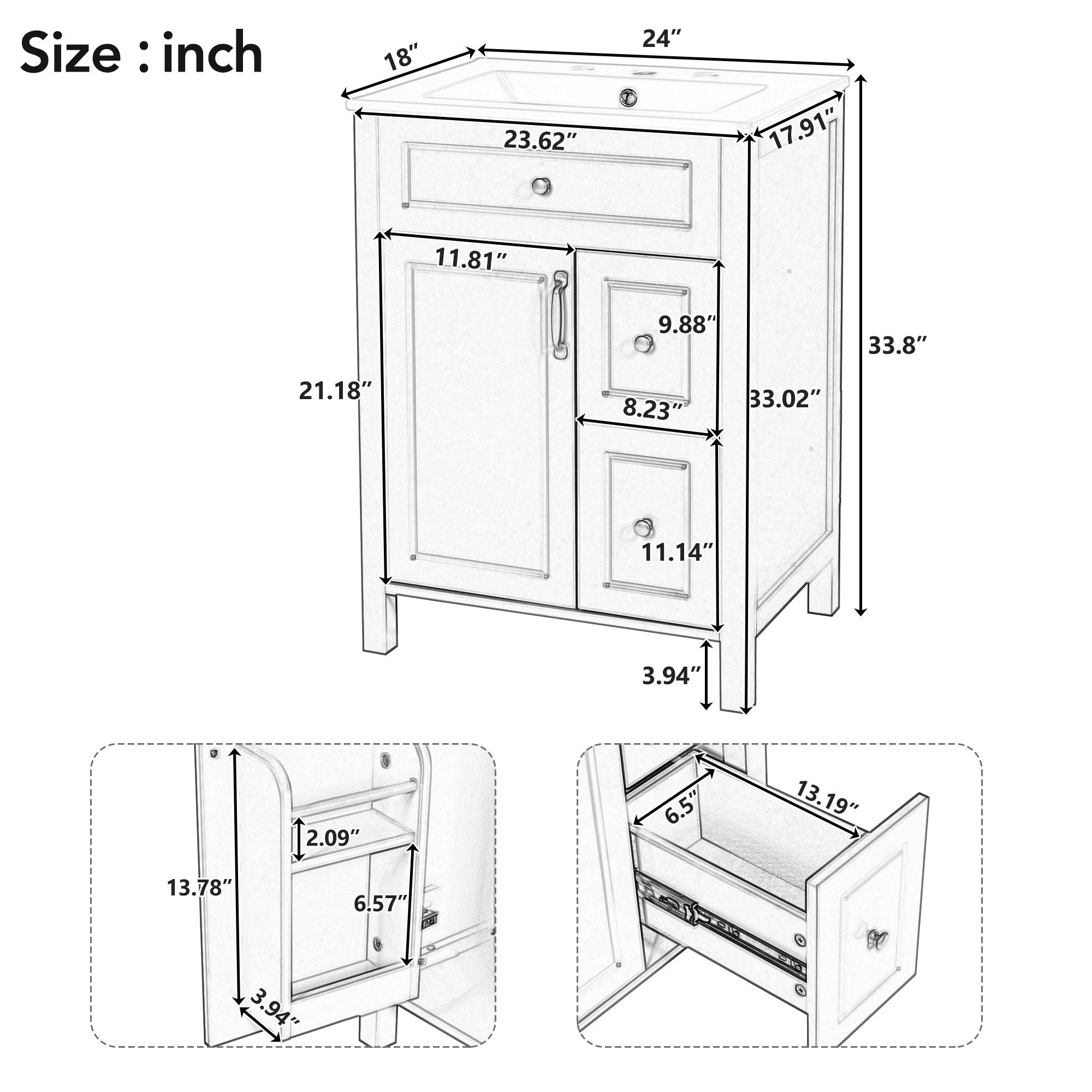 Elegant Bathroom Vanity With Ceramic Sink, Soft Close Doors And Drawers, Double Storage Racks