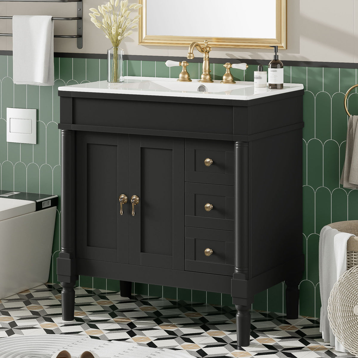 Bathroom Vanity With Ceramic Sink, 2 Doors 3 Drawers, Soft Close Design