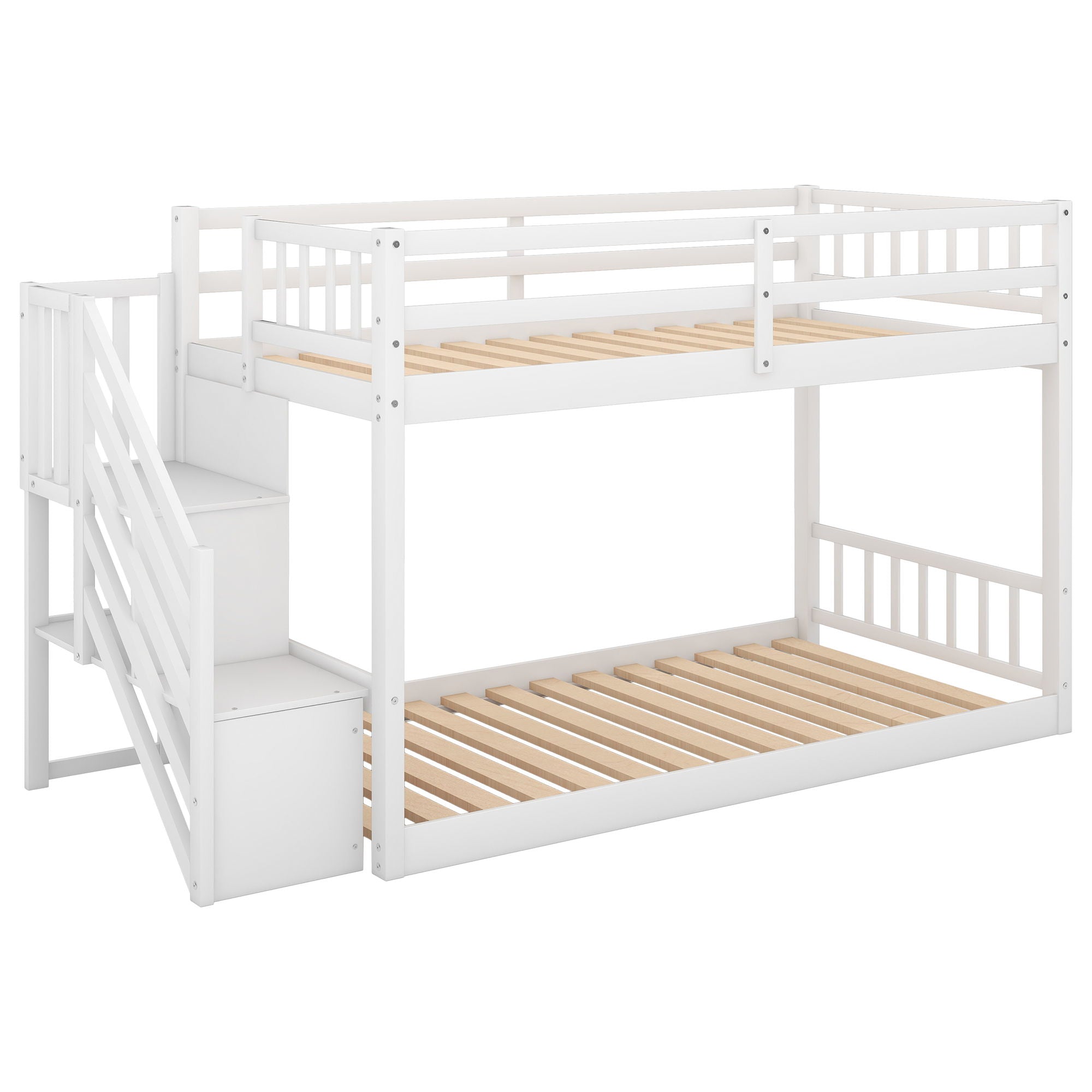 Norset - Twin Over Twin Floor Bunk Bed, Ladder With Storage