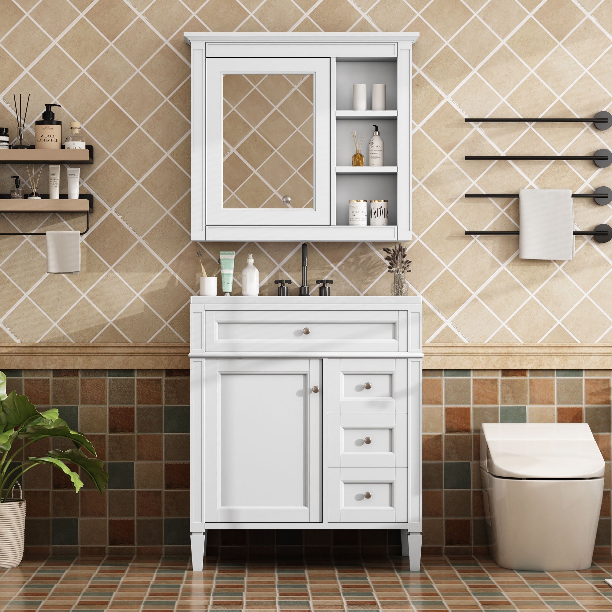 Bathroom Vanity With Top Sink, 2 Doors And 3 Drawers, Freestanding Set With Mirror Cabinet