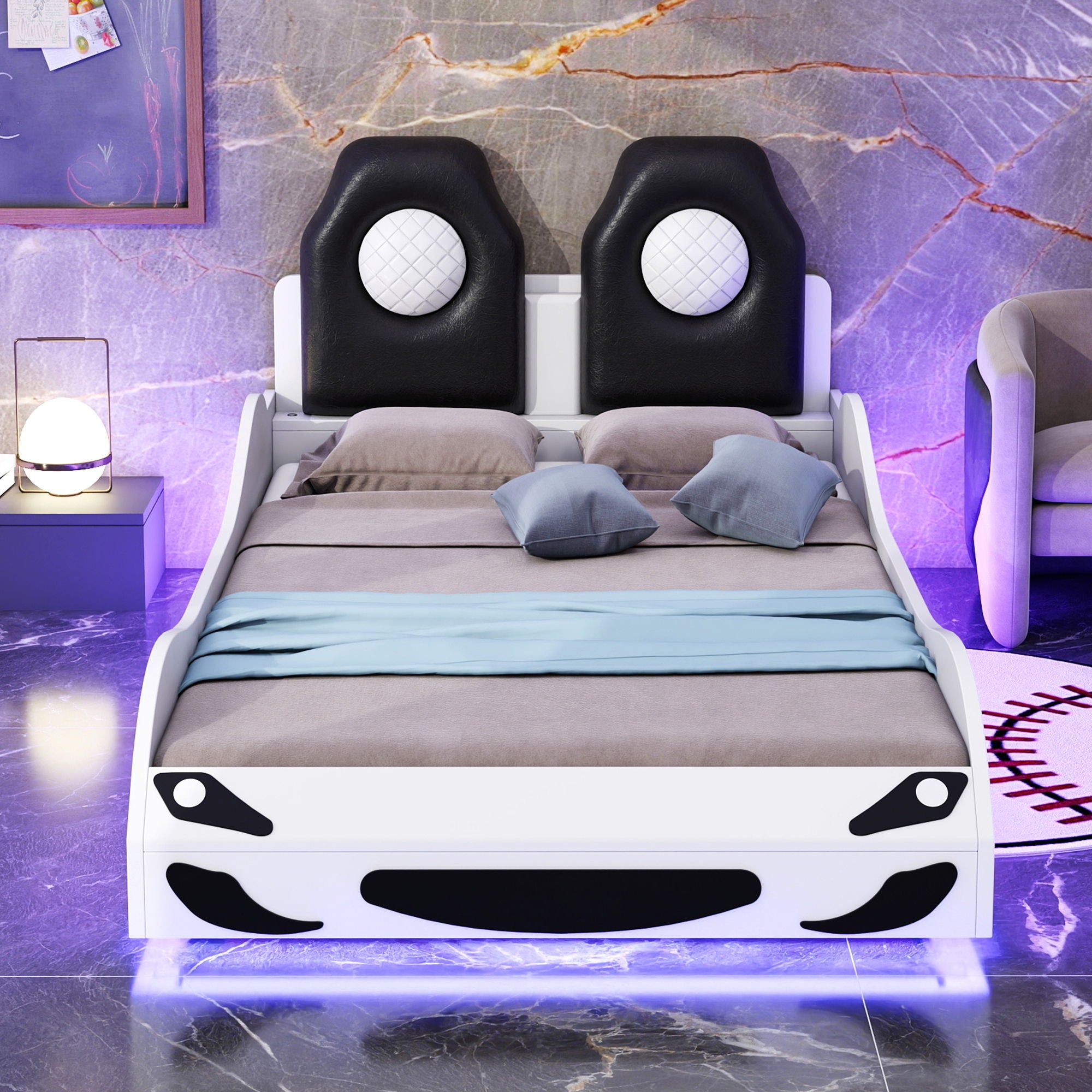 Race Car Shaped Platform Bed With LED And Upholstered Backrest In