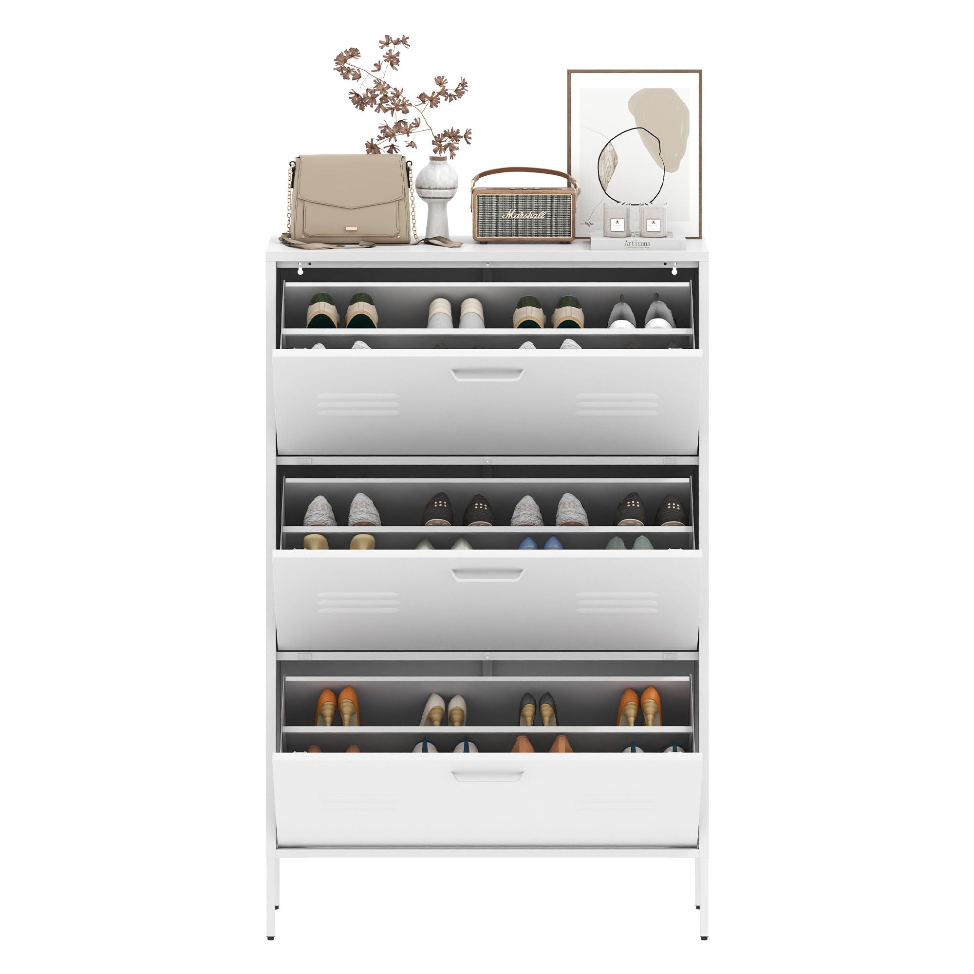 Modern Shoe Storage Cabinet With 3 Flip Drawers And Metal Frame For Entryway - Brushed Nickel