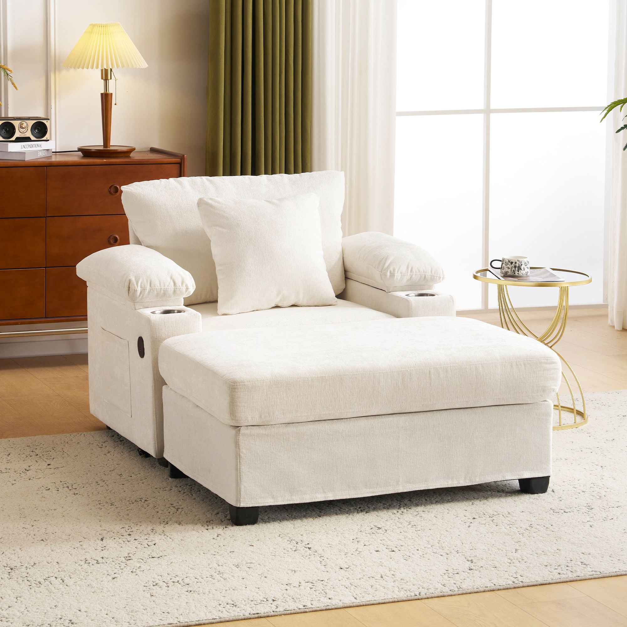 Chenille Fabric Sofa Bed With Cupholders And USB Charging Ports Chair For Living Room