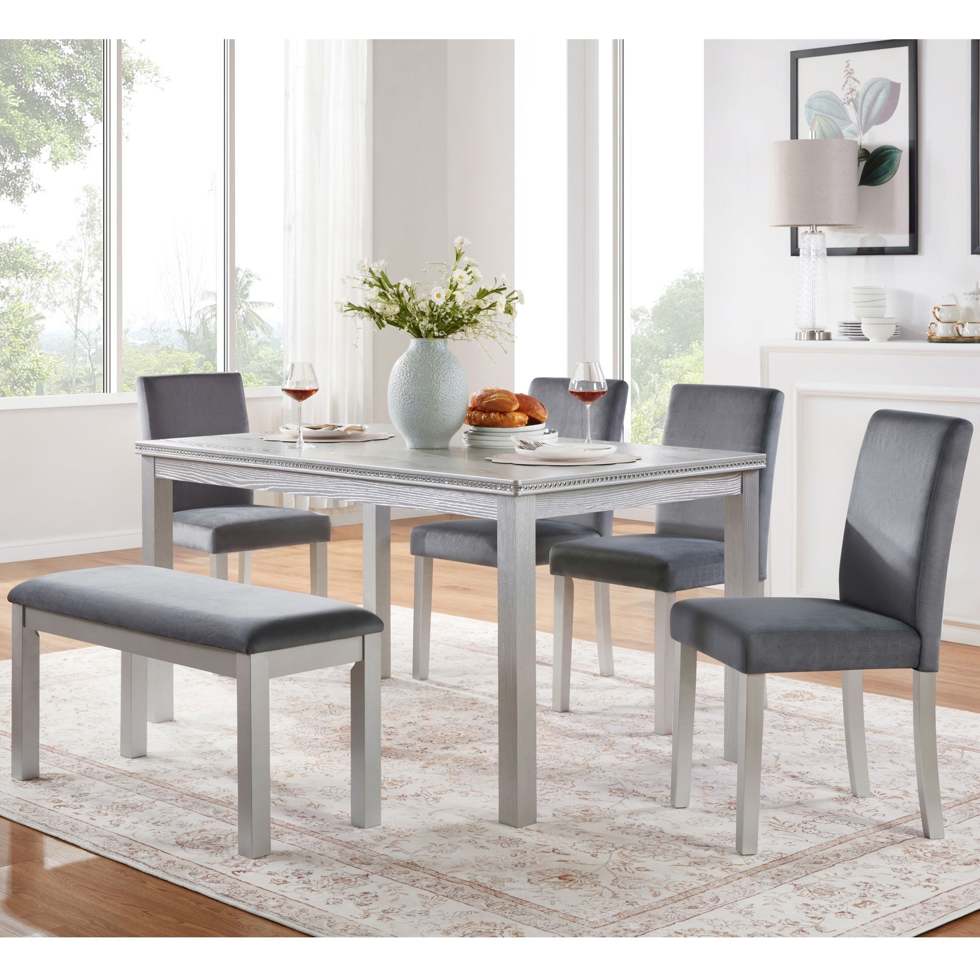 Dining Table Set, Table With A Rectangular Table And Upholstered Chairs