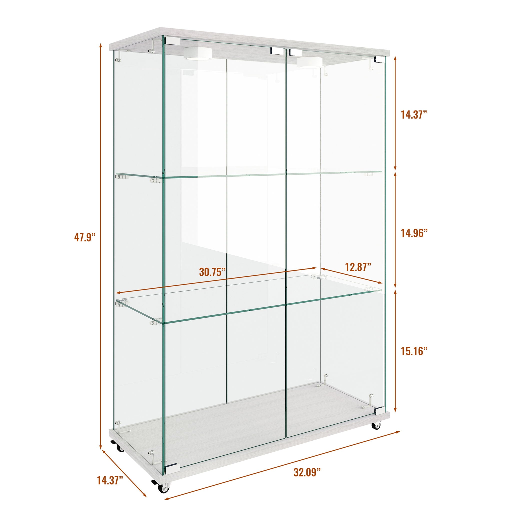 Modern Display Cabinet With LED Lights, Transparent Tempered Glass 2 Door Storage Case With 3 Shelves