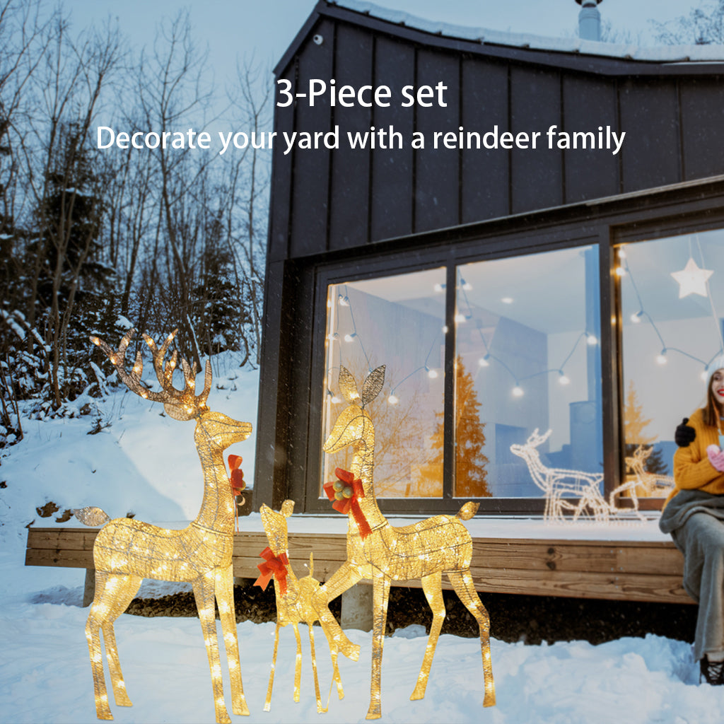 Set of 3 Large Lighted Reindeer Christmas Decorations, 3D Yard Deer Decor Family Set for Indoor or Outdoor Yard Art- with 210 Warm White LED Lights,Christmas Deer Decorations - Gold