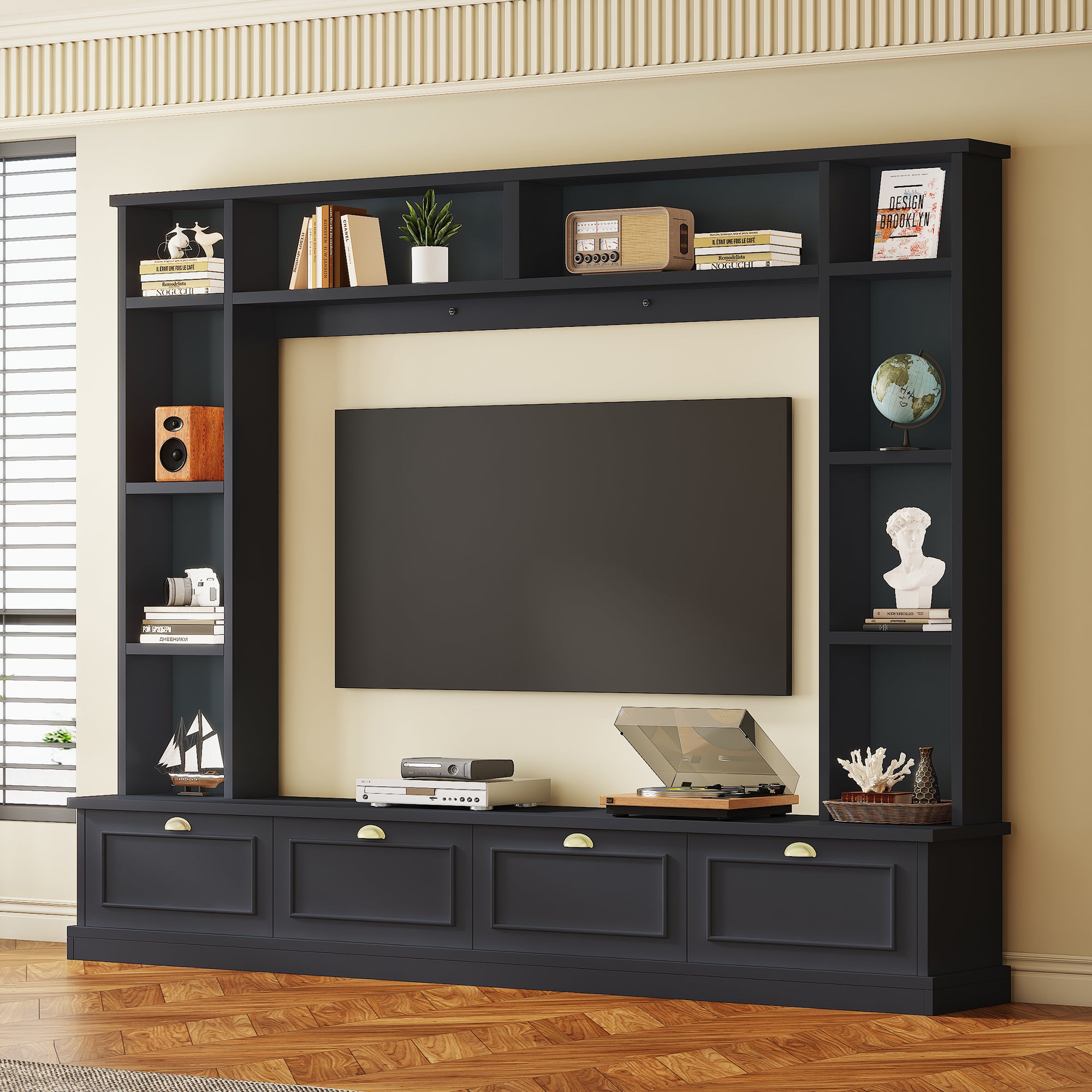 Large Wall Unit Entertainment Center with Bookshelves for TVs Up to 78" Modern TV Console with Cabinets and Open Shelves, 4-in-1 TV Stand with Golden Handles, Black, 104.2&
