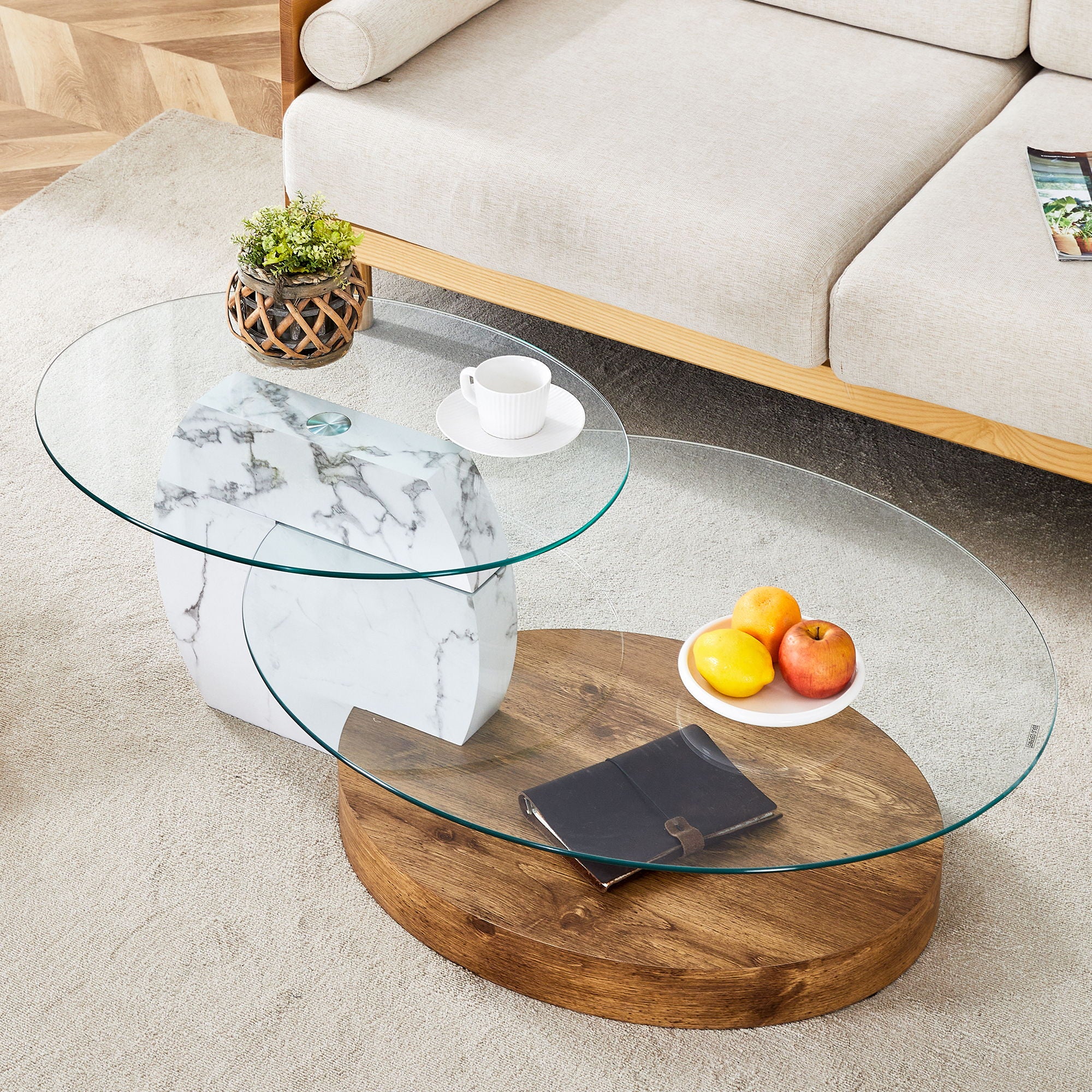 Contemporary Artistic Double Layer Coffee Table,Tempered Glass Top
