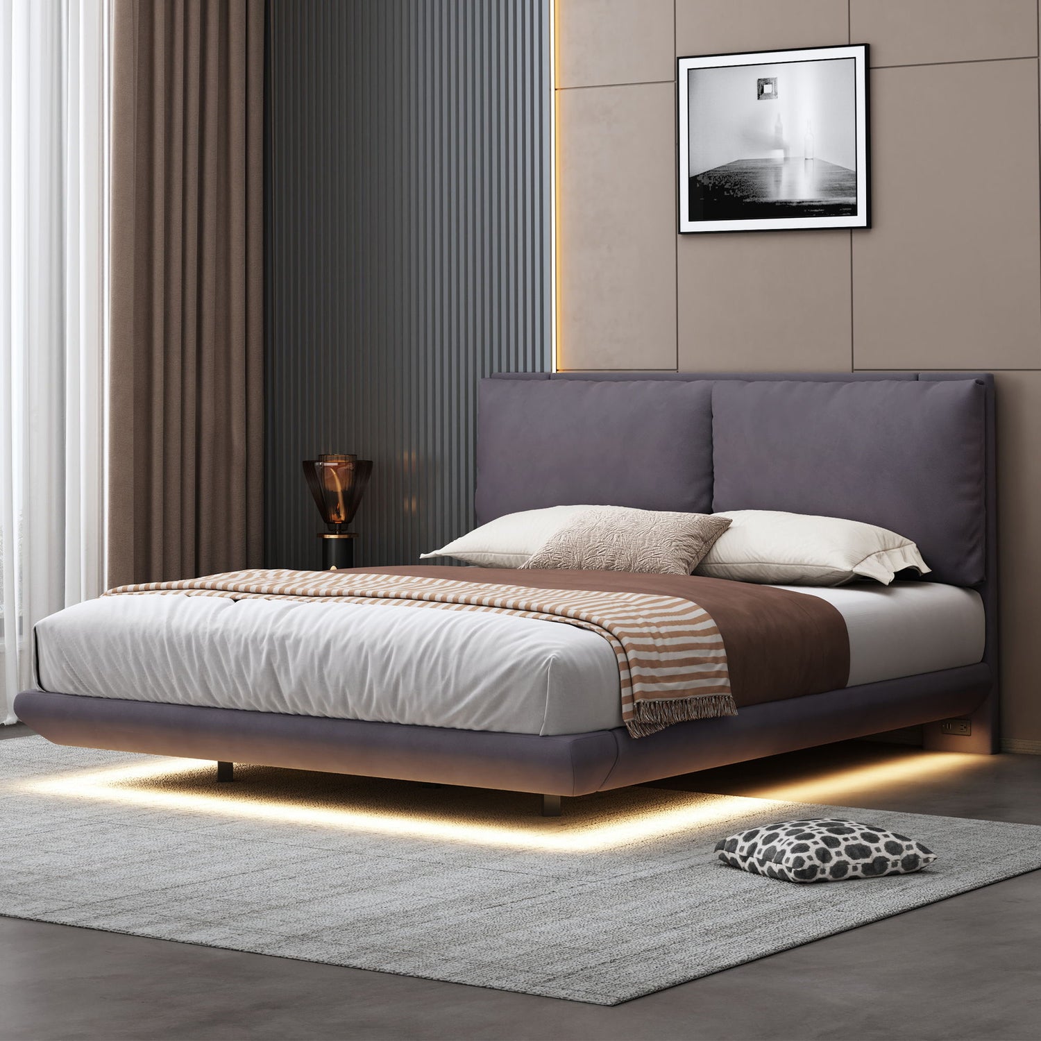 Upholstered Platform Bed With Sensor Light And 2 Large Backrests, With 2 Sets Of USB Port And Socket On Each Rear Bed Leg