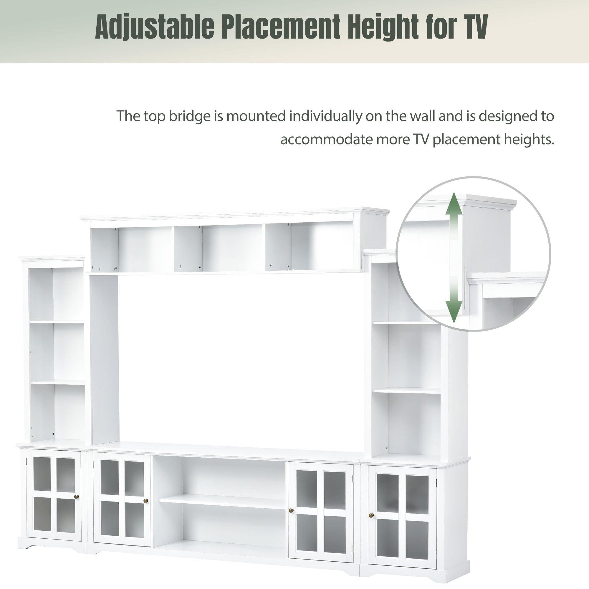 Entertainment Wall Unit with Bridge, Modern TV Console Table for TVs Up to 70", Multifunctional TV Stand with Tempered Glass Door, White