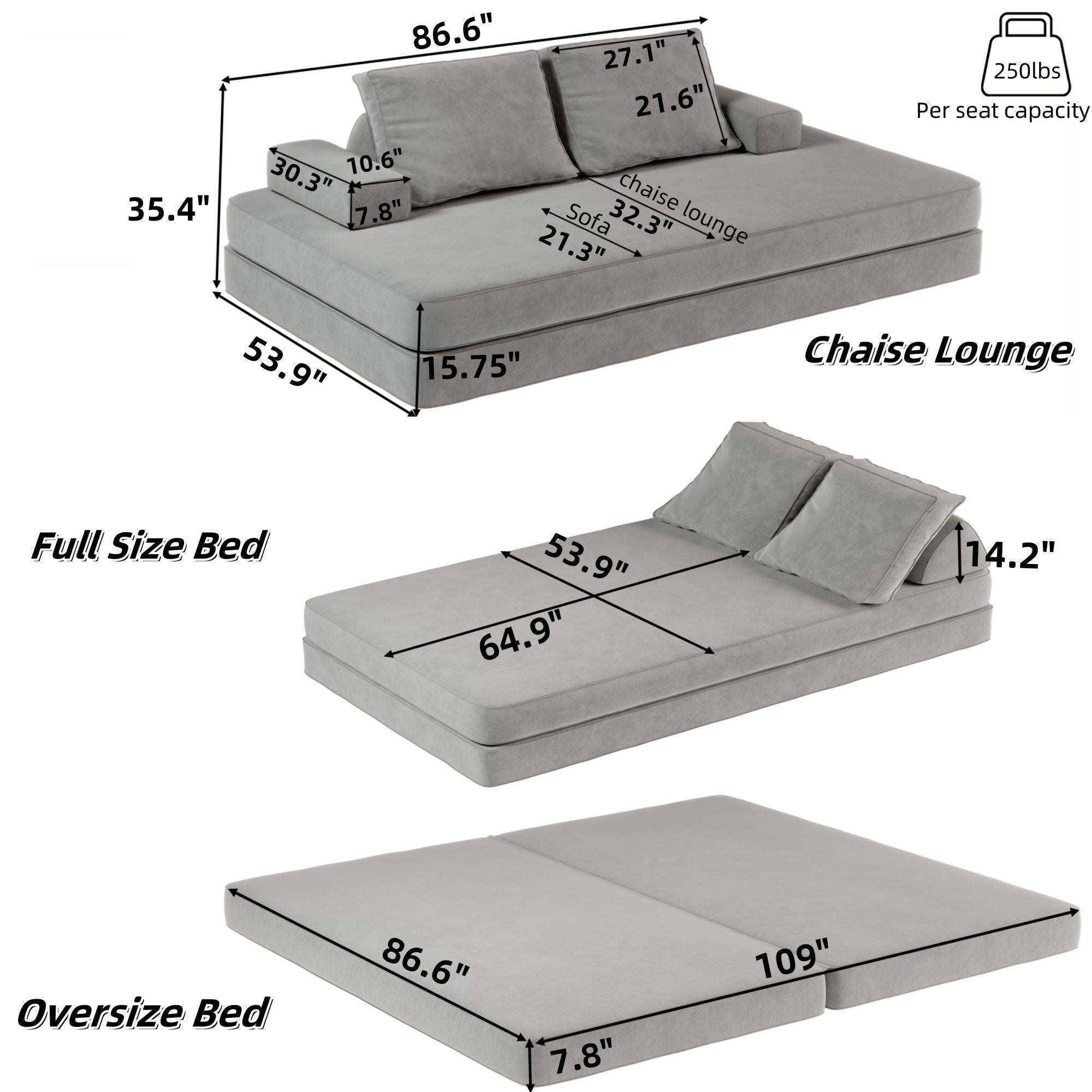 Multifunctional Convertible Sofa Bed With 2 Tumbler Backrests And 2 Pillows, Deep Seat Couch