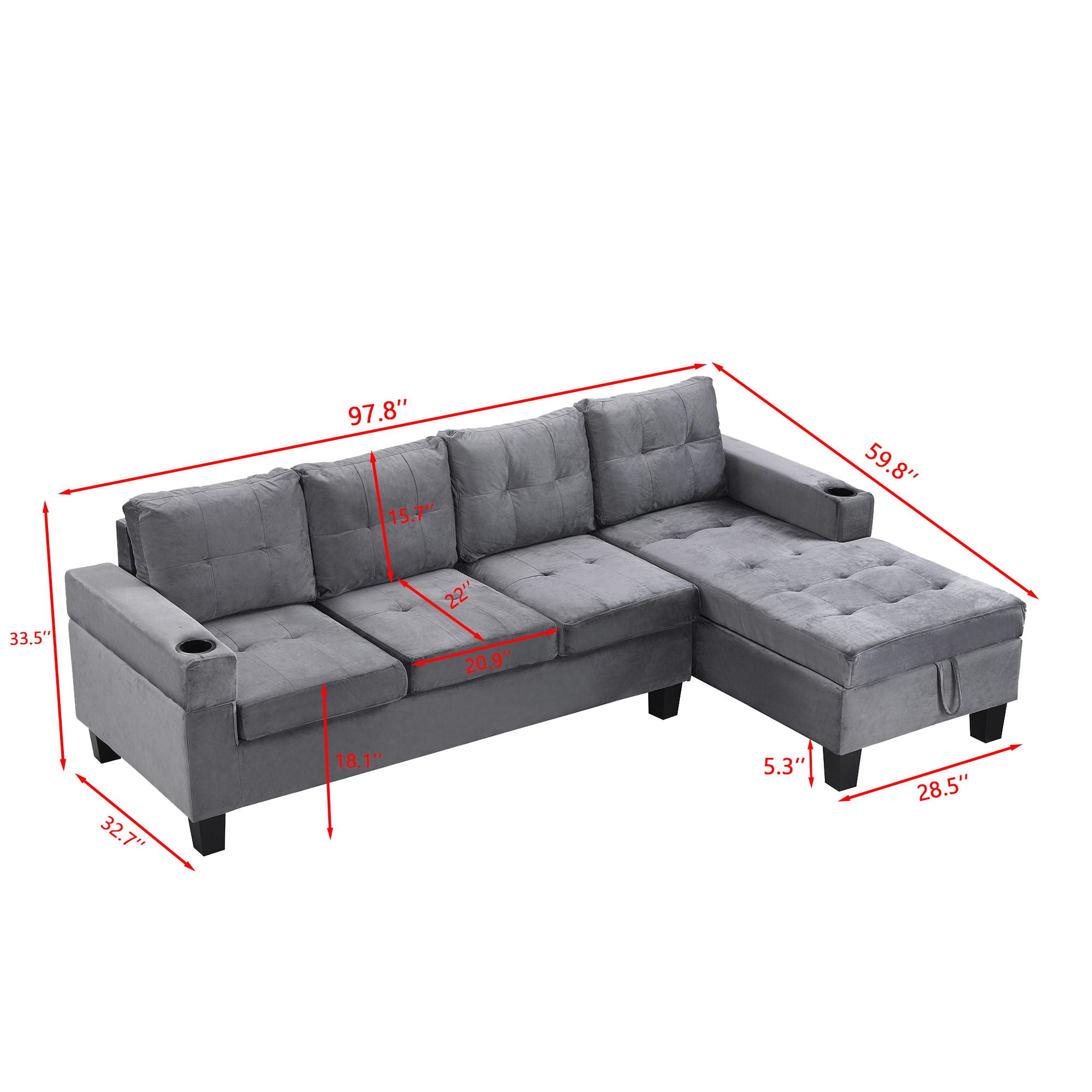 Modern Sectional Sofa Set With L Shape Chaise Lounge And Storage