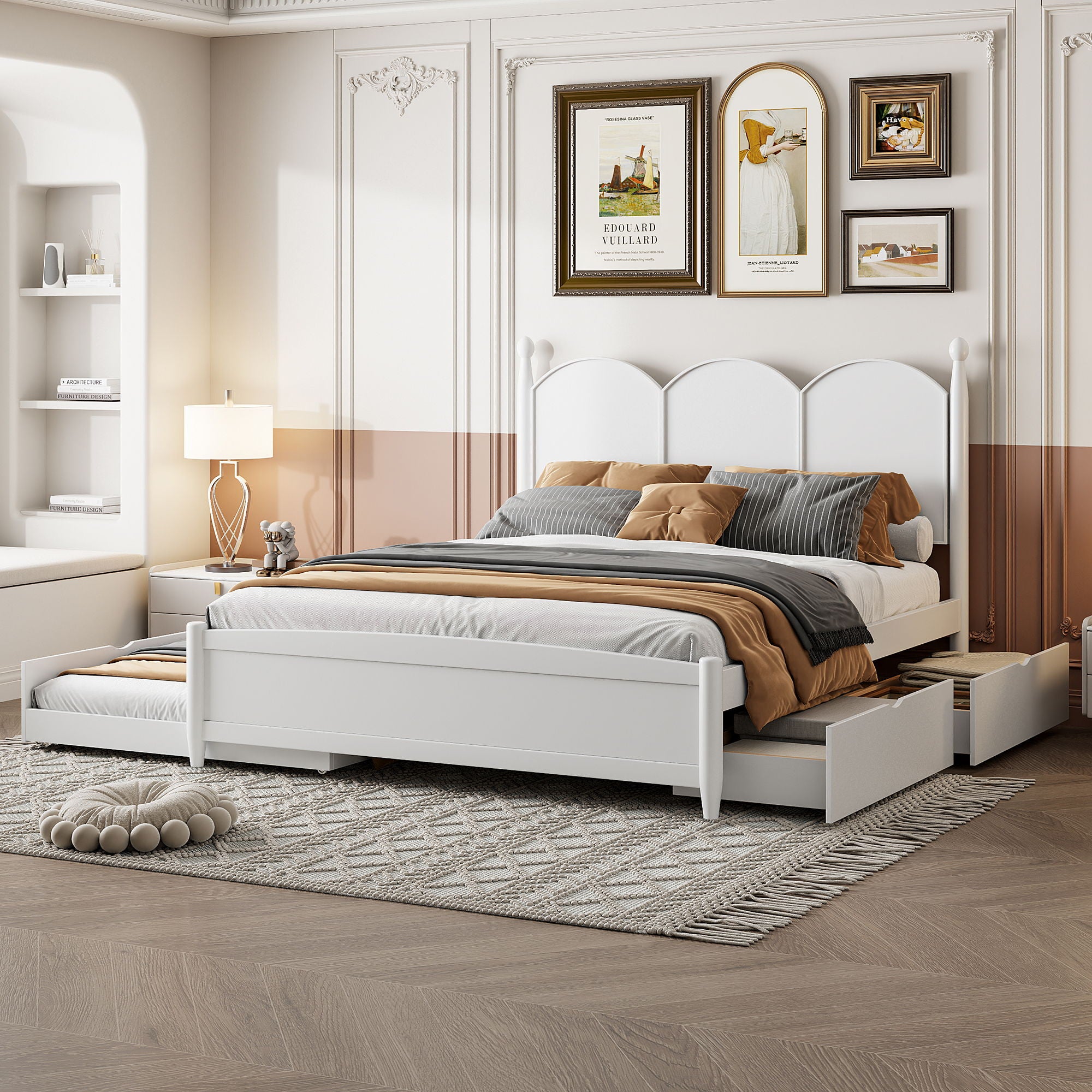Queen Size Platform Bed With With 2 Big Drawers, Twin Long Size Trundle - White