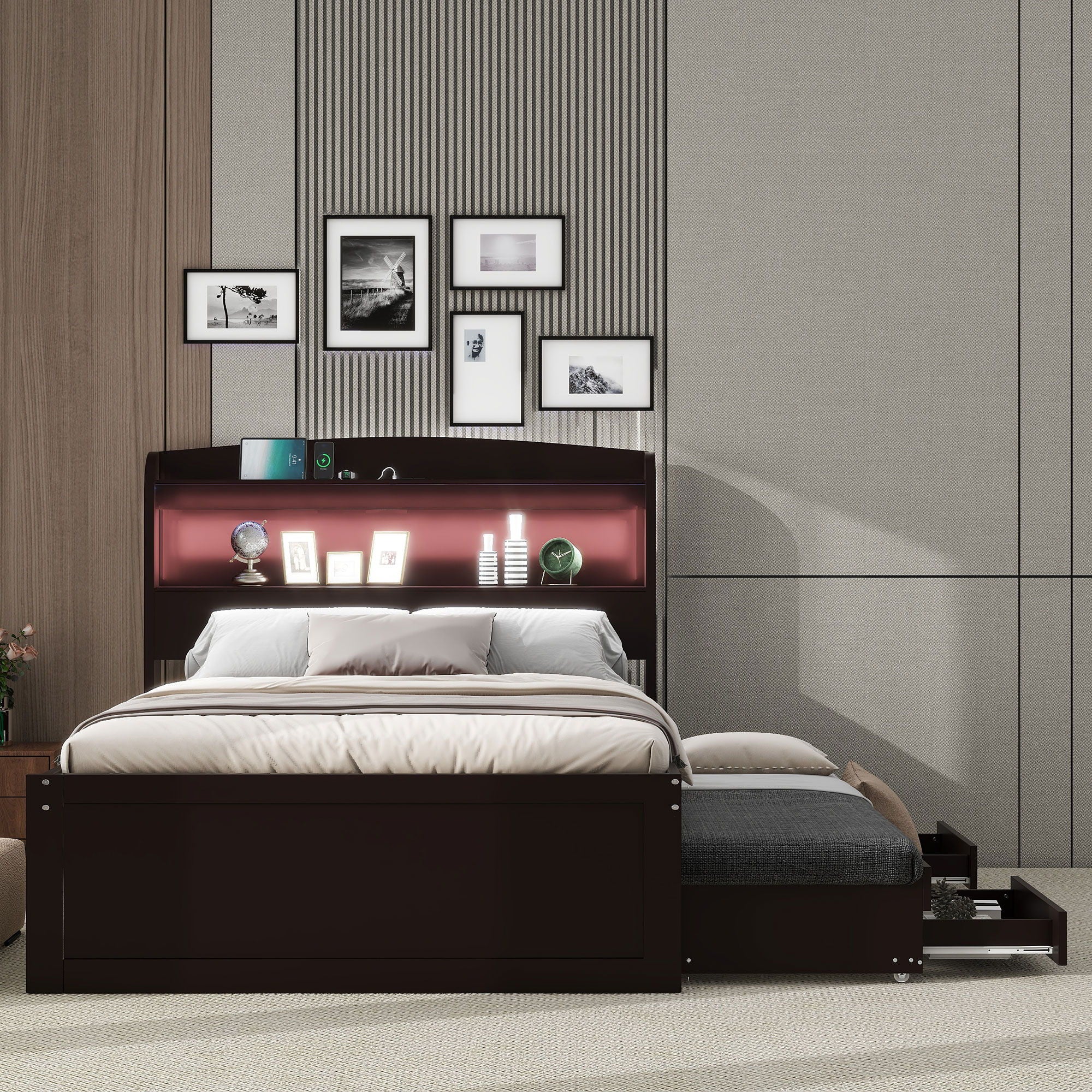 Platform Bed With LED Headboard, Charging Station, Trundle And 2 Drawers