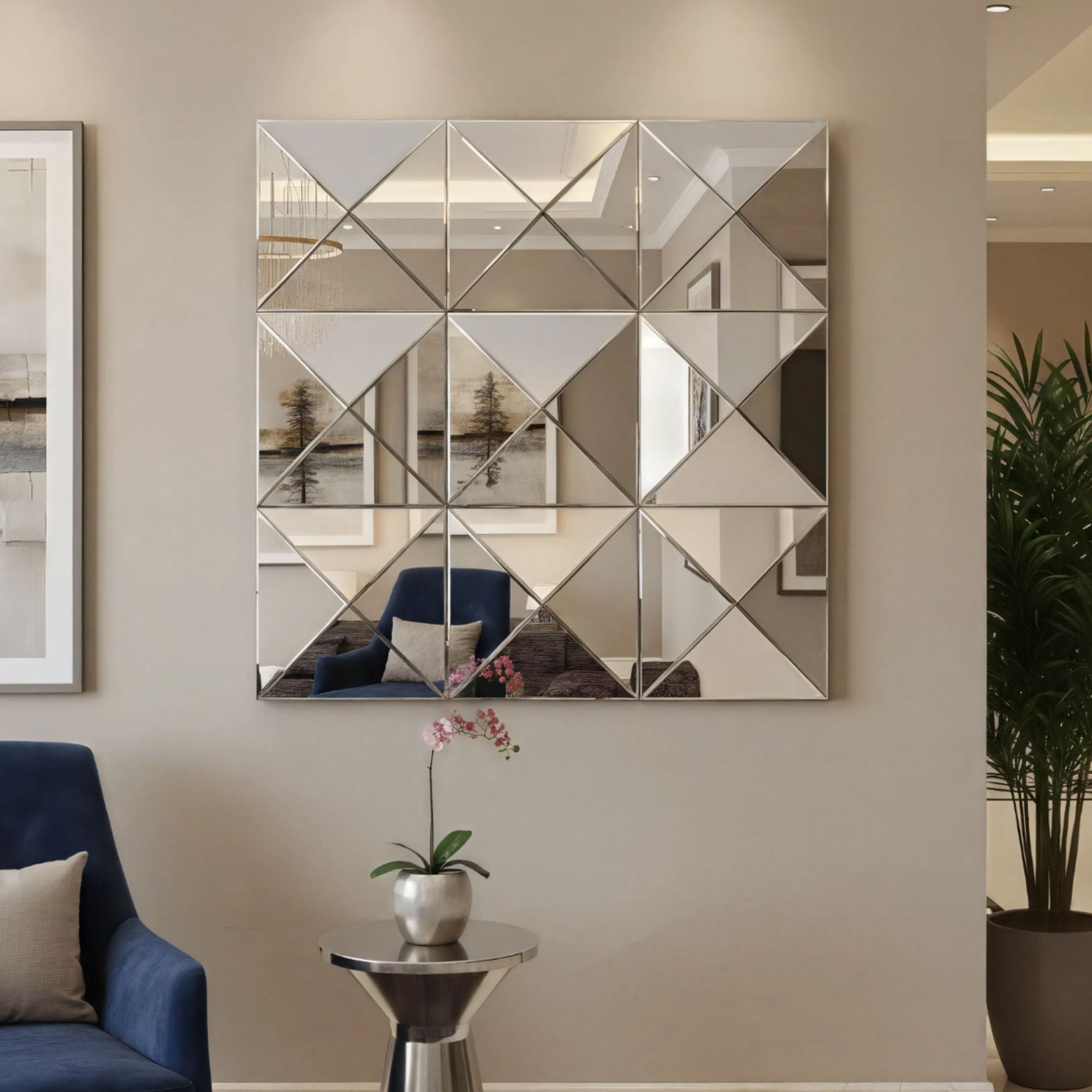 3D Beveled Wall Mirror With Frame, Large Square Design For Living Room - Silver