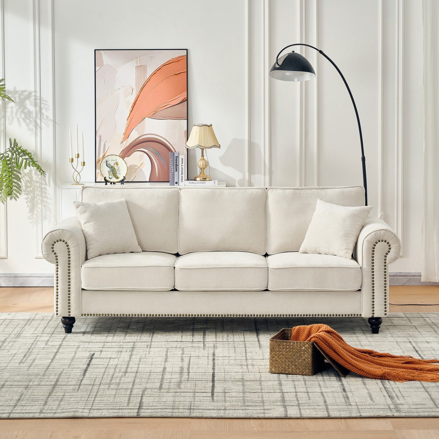 3 Seater Sofa With Tufted Upholstery, Rolled Arms, Nailhead Trim